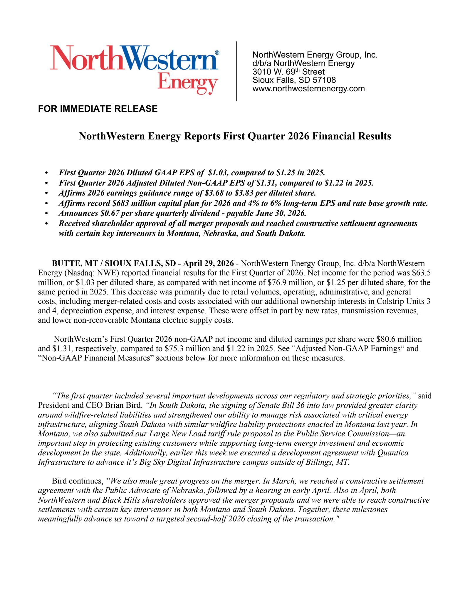 NorthWestern's Q1 2026 Press Release
