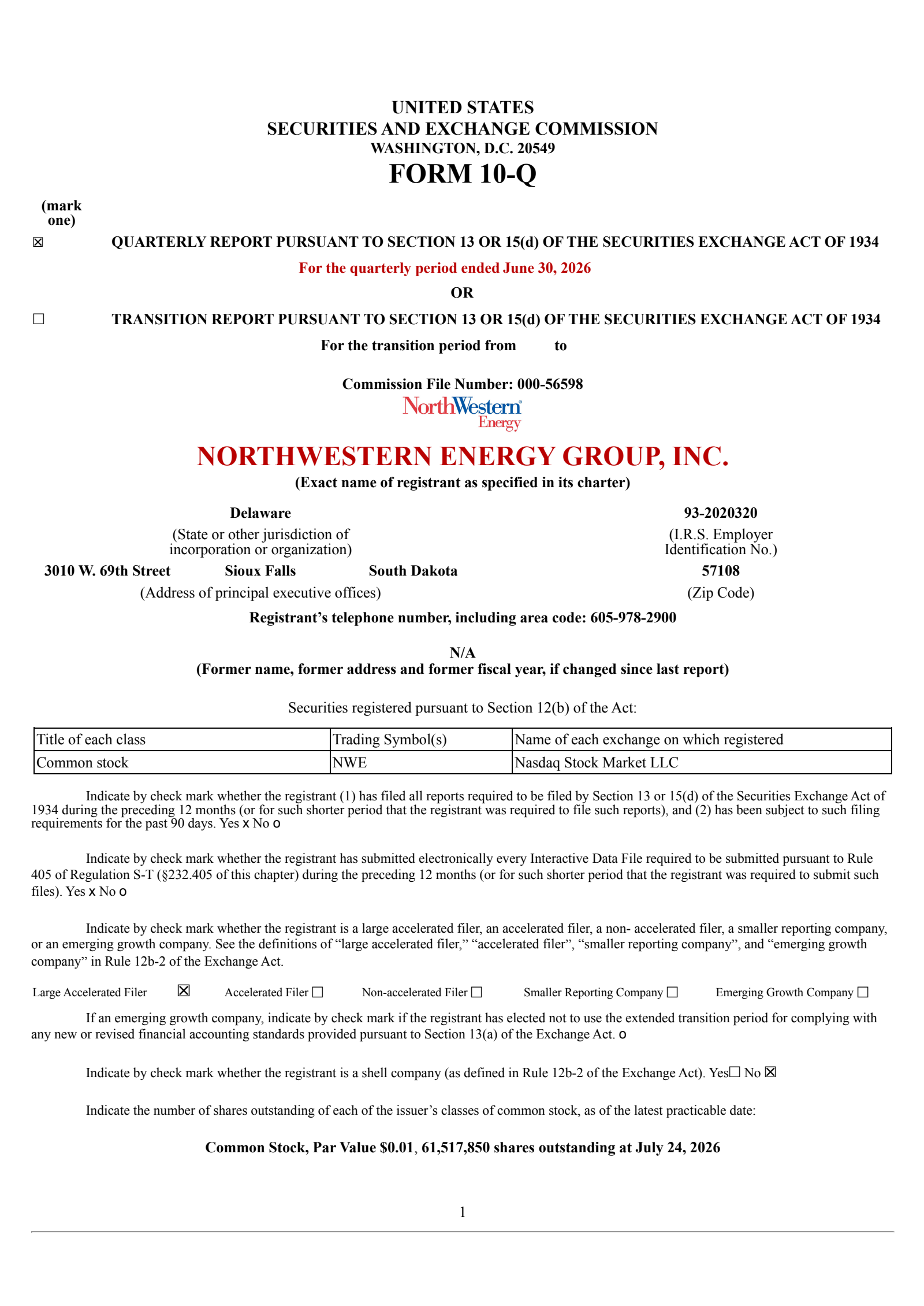 NorthWestern's Q2 2026 Quarterly report