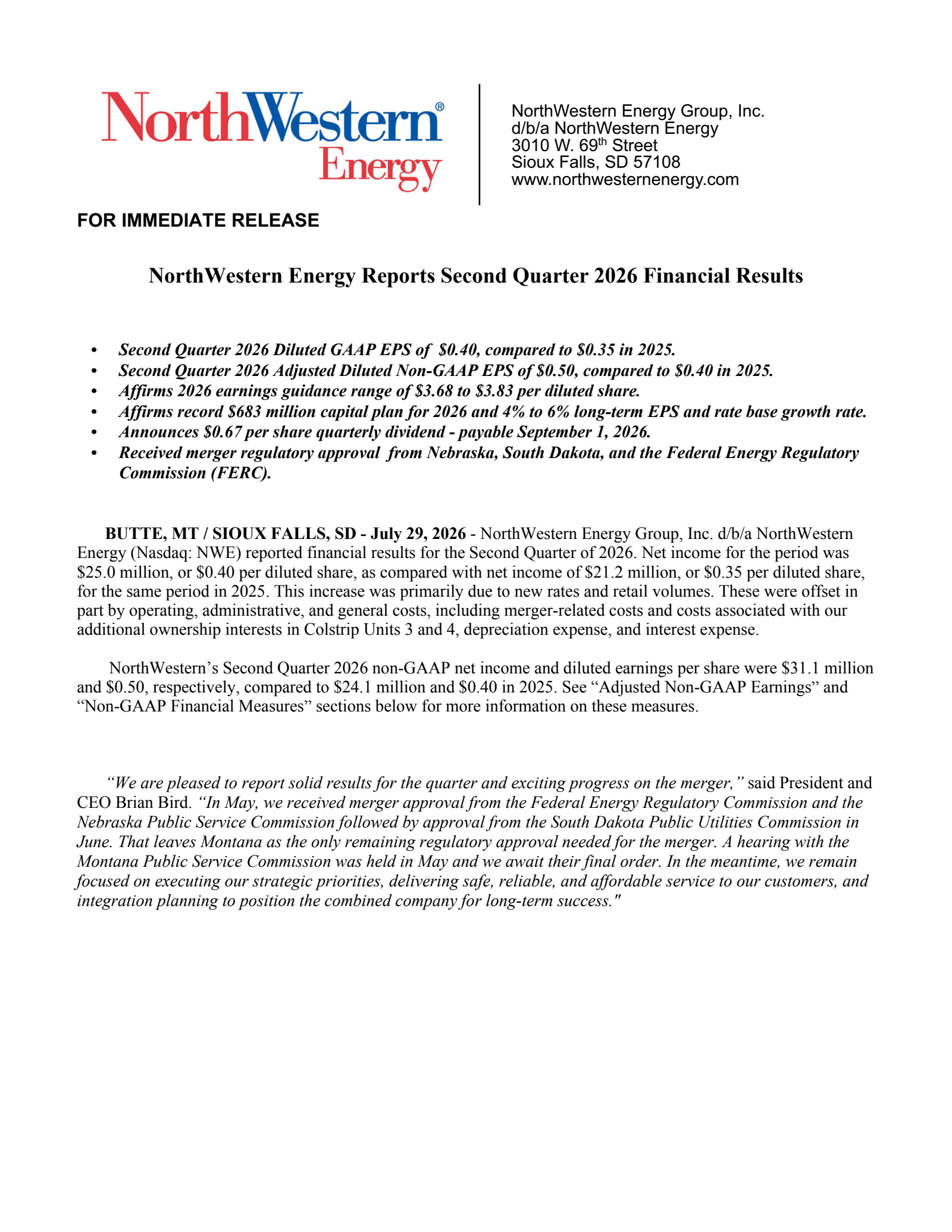 NorthWestern's Q2 2026 Press Release