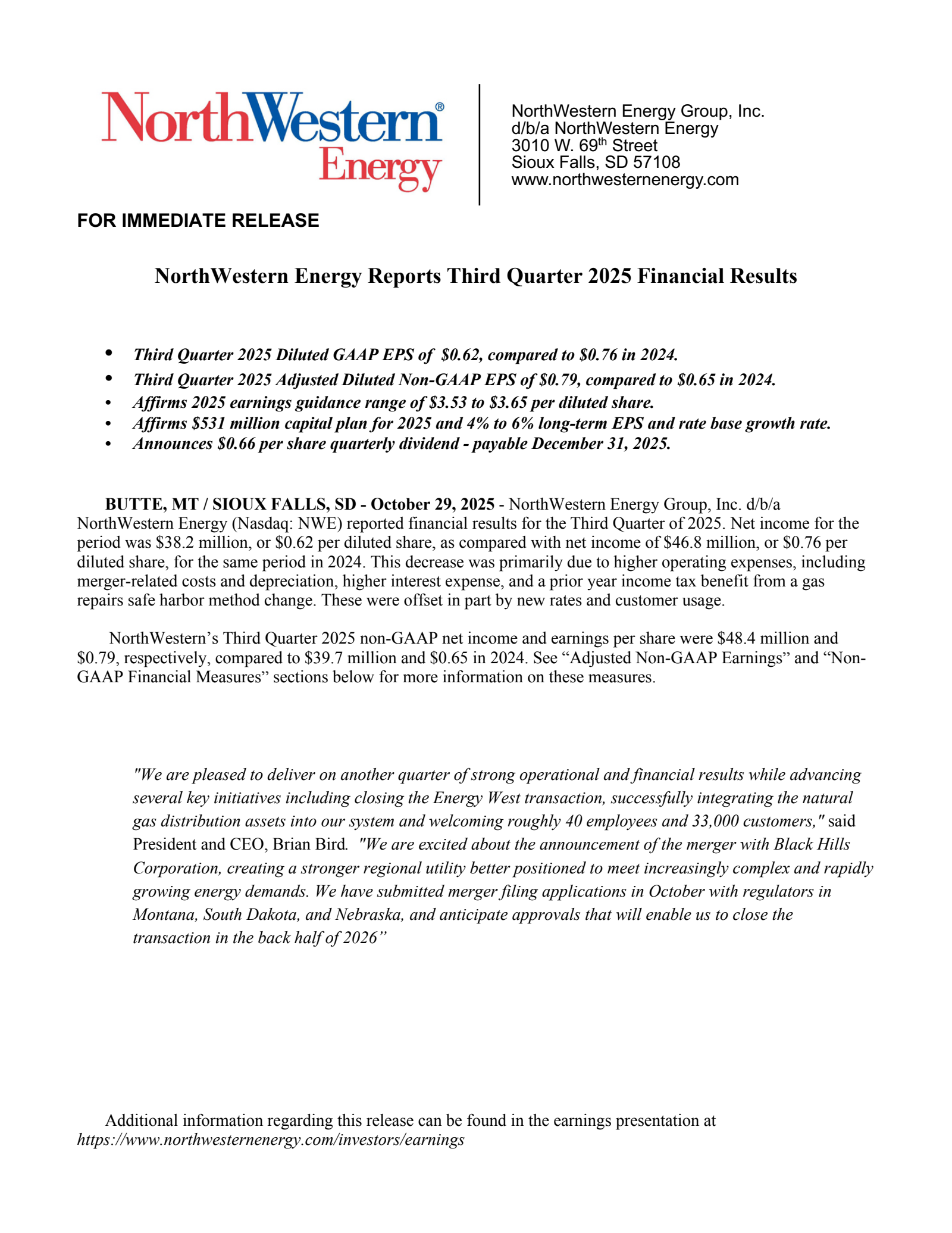 NorthWestern's Q3 2025 Earnings Release