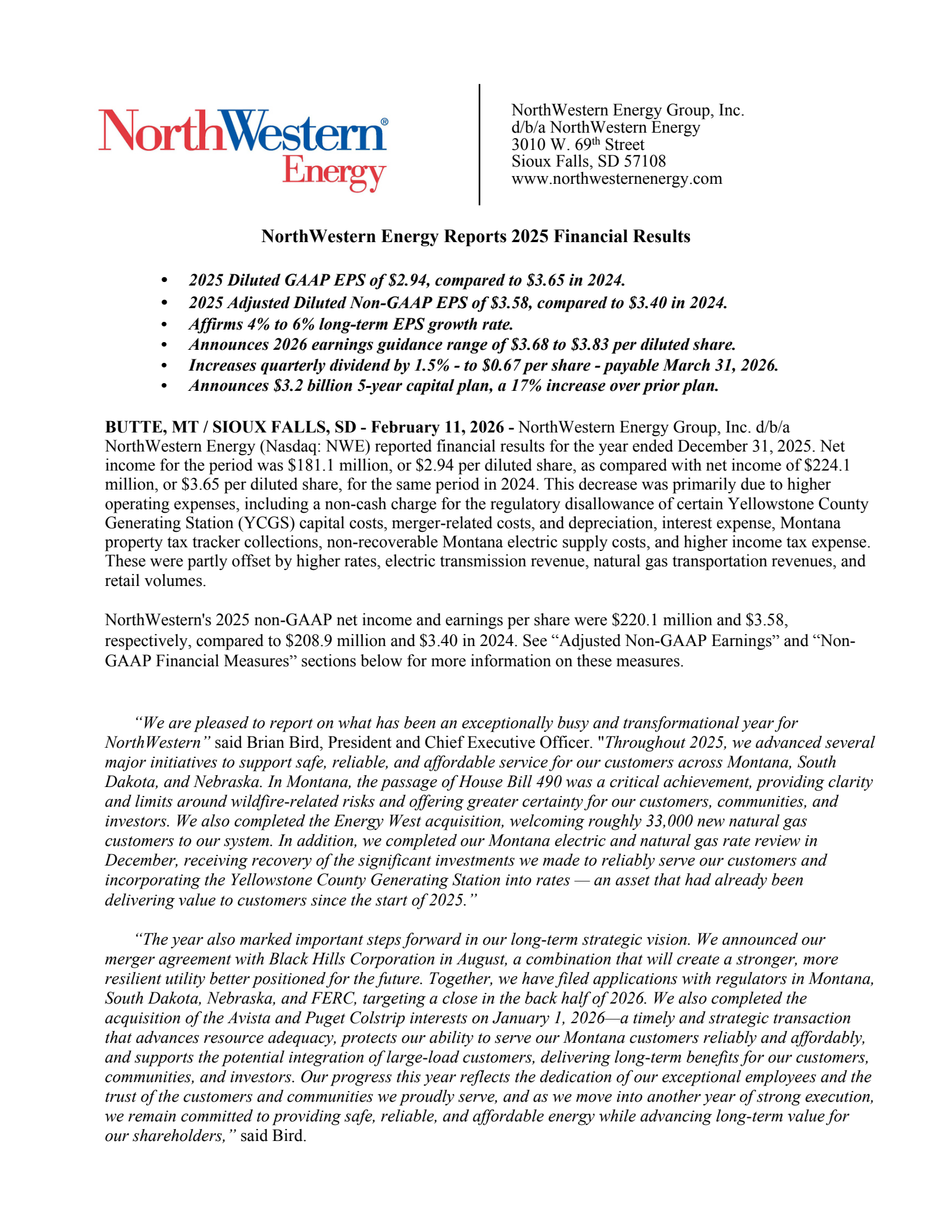 NorthWestern's Q4 2025 Press Release