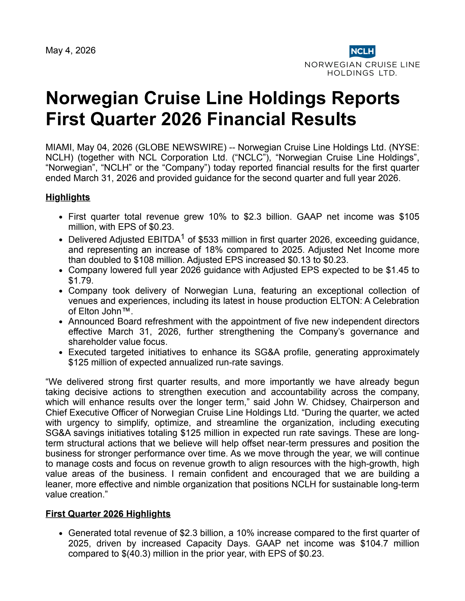 Norwegian Cruise Line's Q1 2026 Press Release