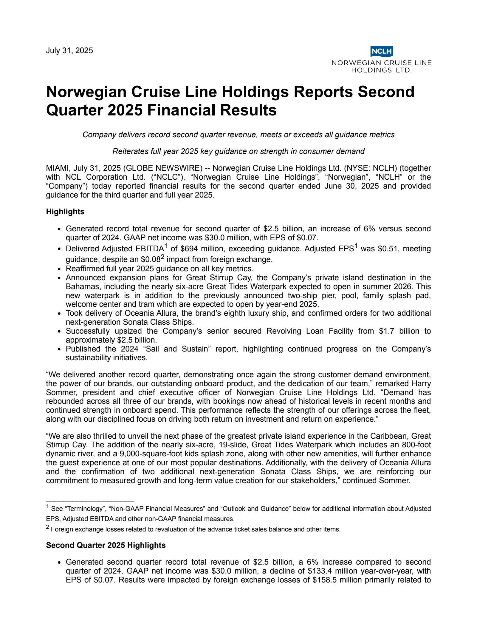 Norwegian Cruise Line's Q2 2025 Press Release