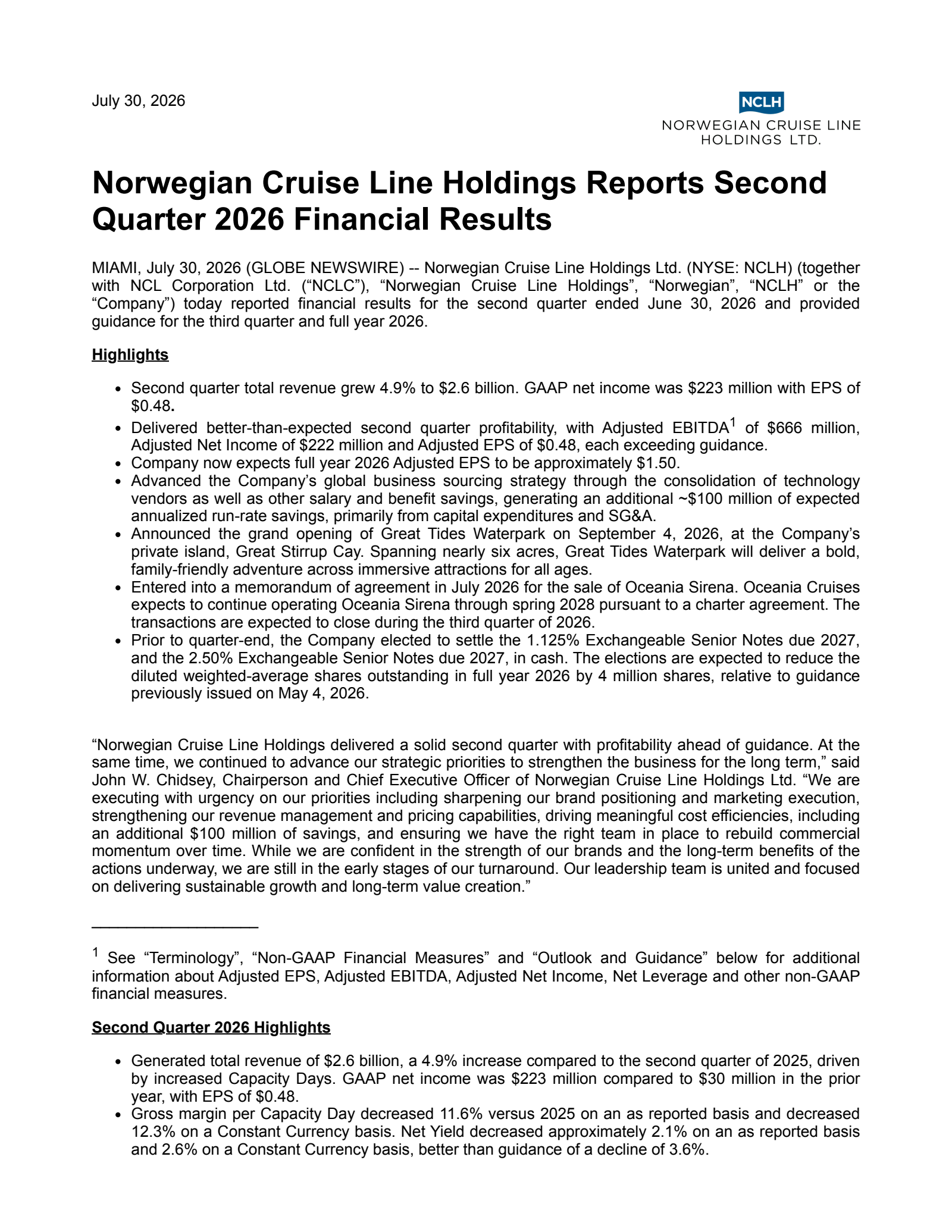 Norwegian Cruise Line's Q2 2026 Press Release