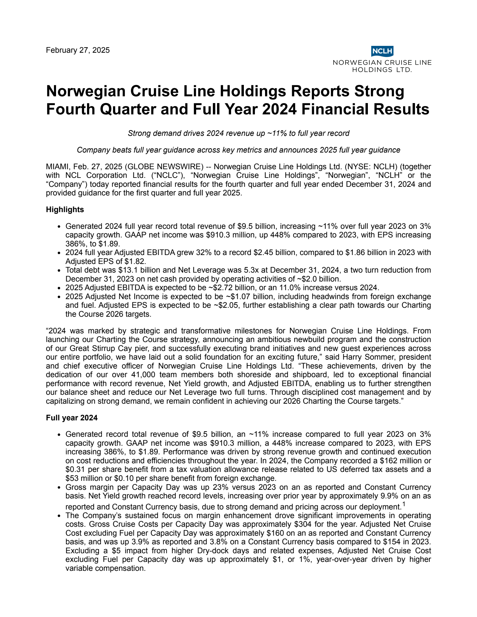 Norwegian Cruise Line's Q4 2024 Press Release