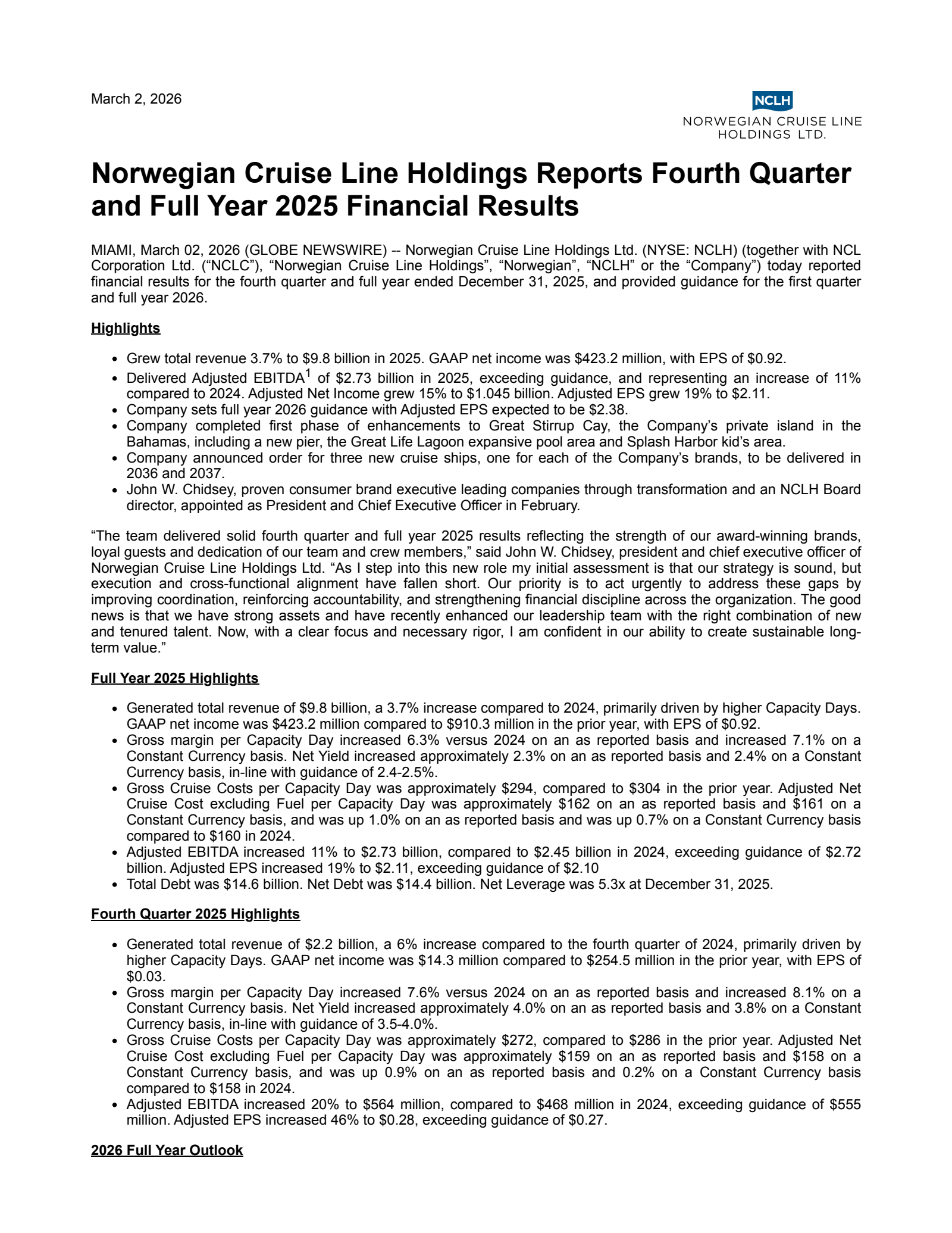 Norwegian Cruise Line's Q4 2025 Press Release