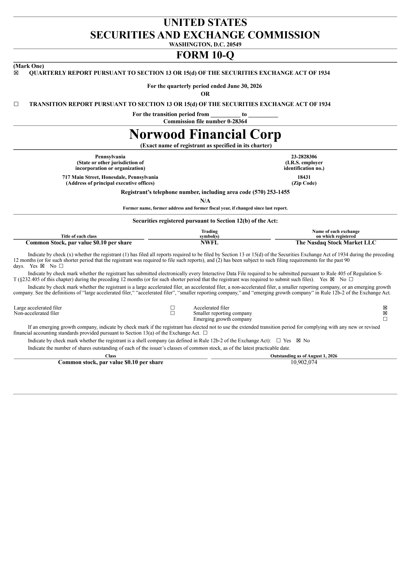 Norwood Financial's Q2 2026 Quarterly report