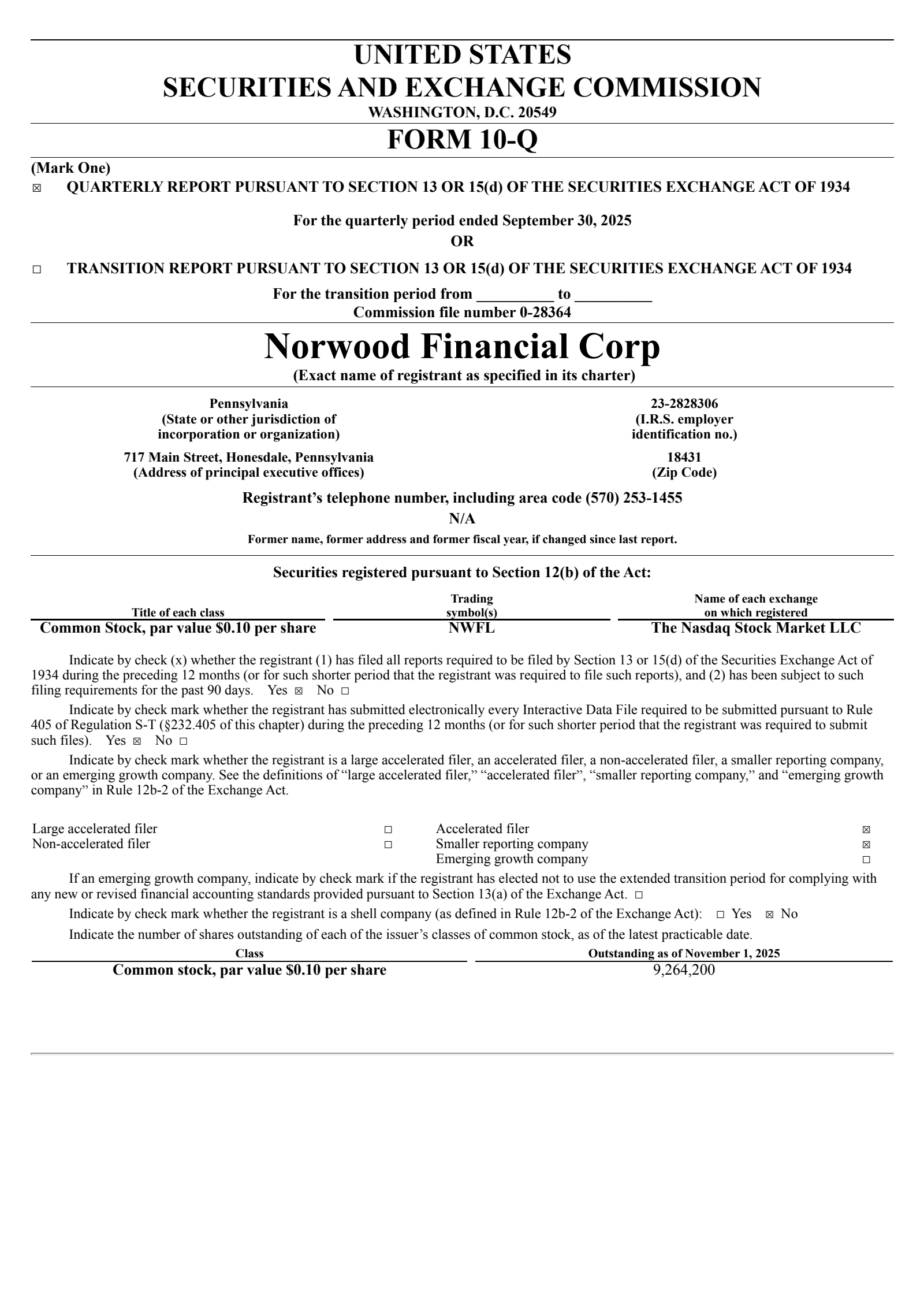 Norwood Financial's Q3 2025 Quarterly Report