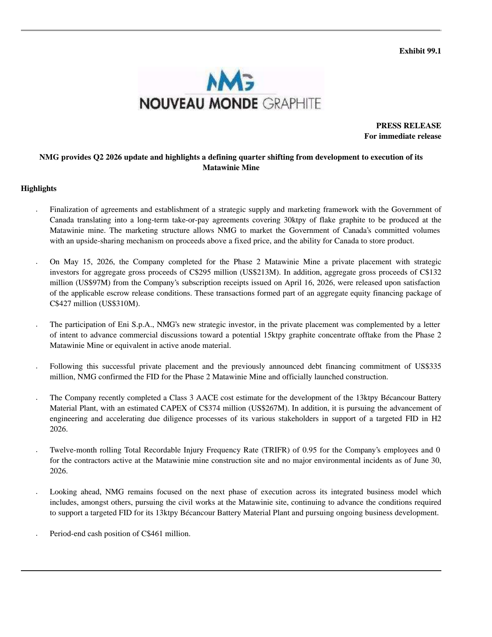 Nouveau Monde Graphite's Q2 2026 Press Release