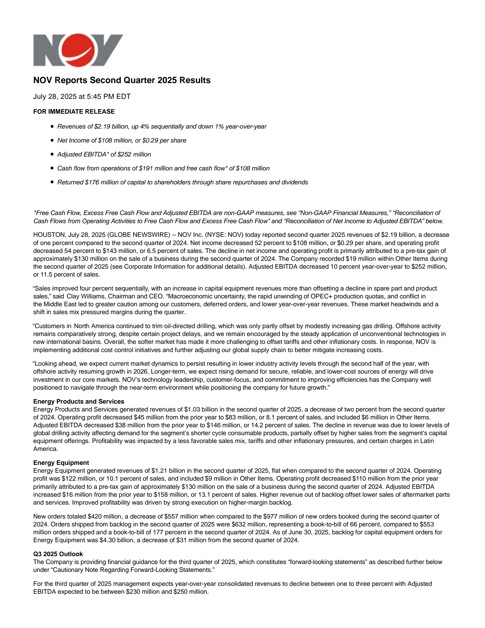 NOV's Q2 2025 Press Release