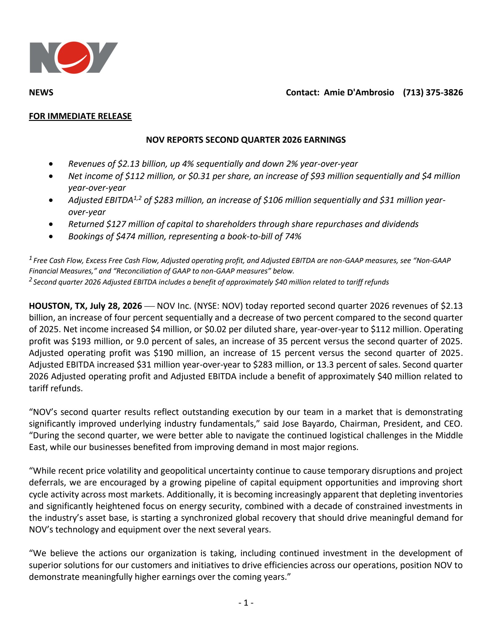 NOV's Q2 2026 Press Release