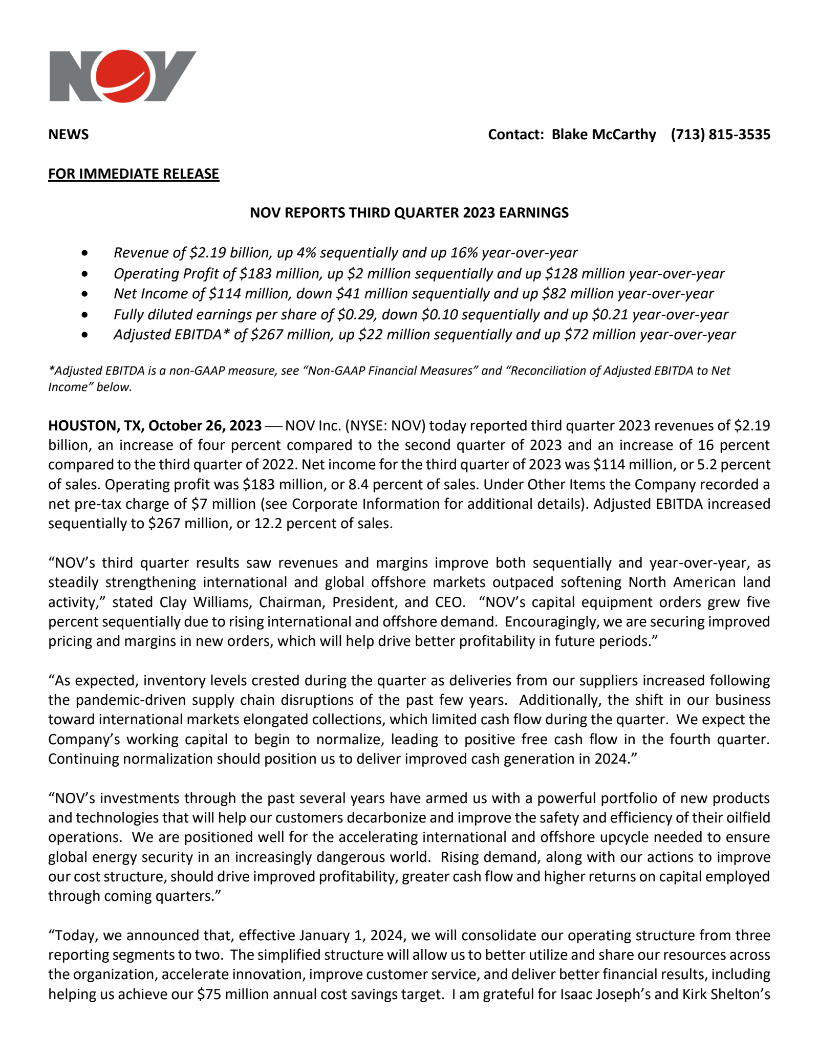 NOV's Q3 2023 Press Release