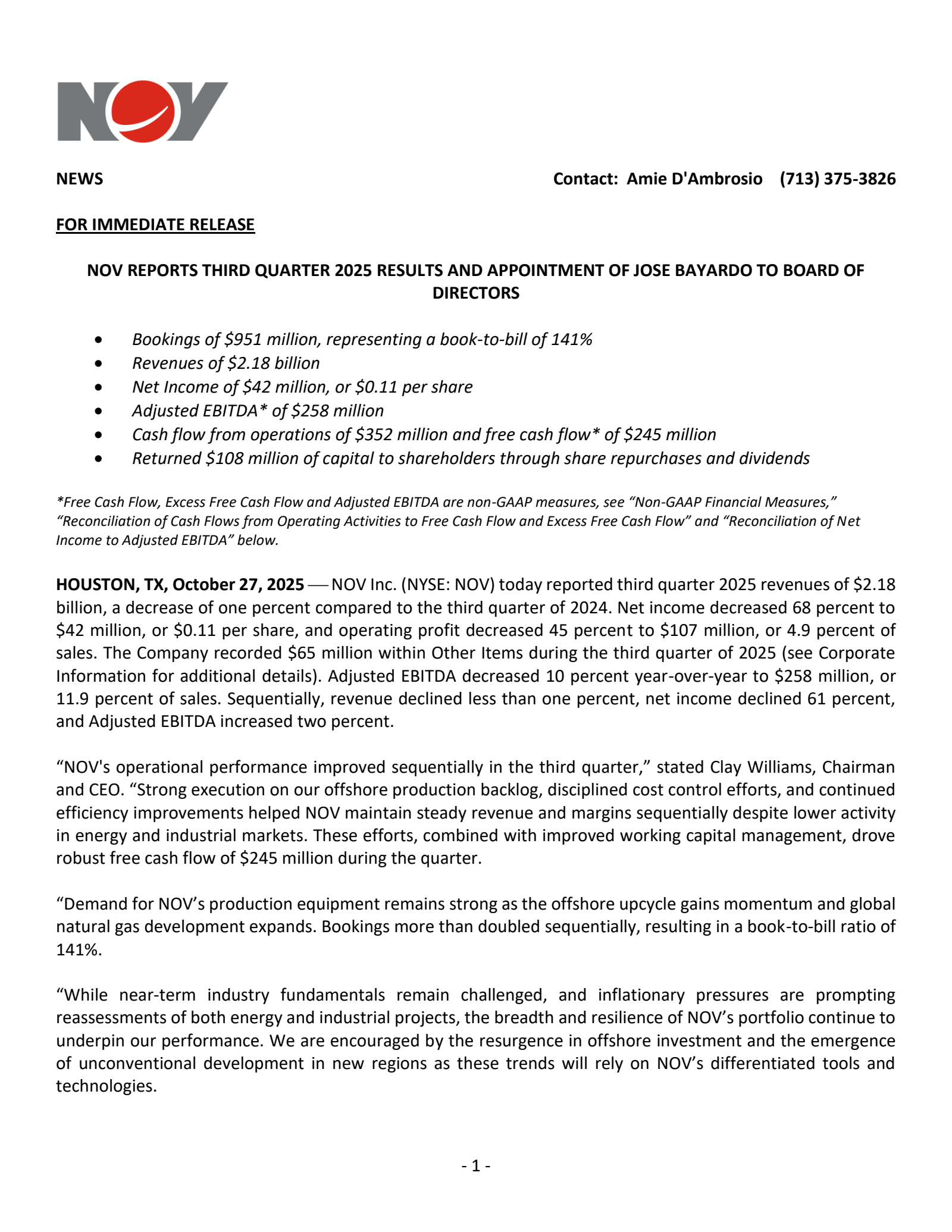 NOV's Q3 2025 Earnings Release