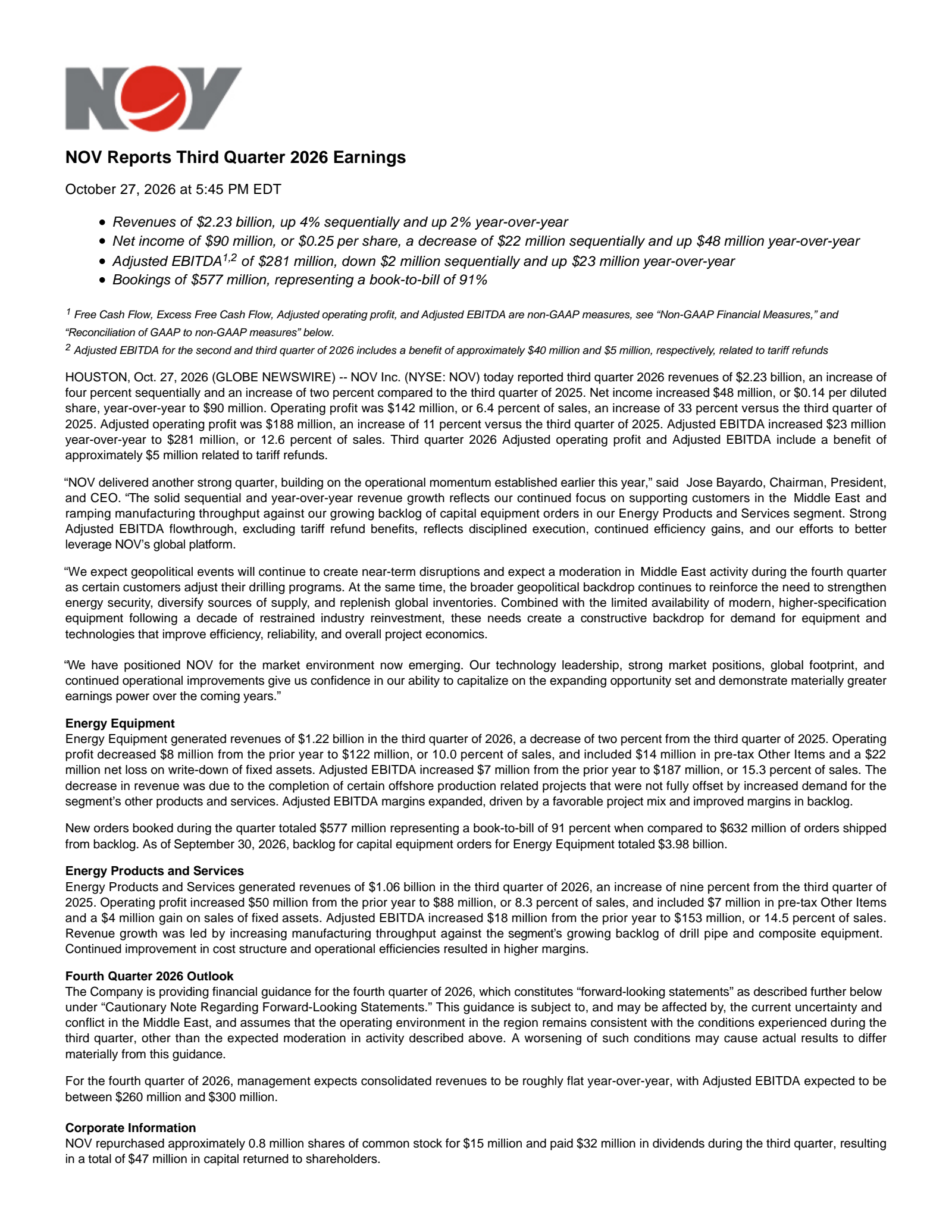 NOV's Q3 2026 Press Release