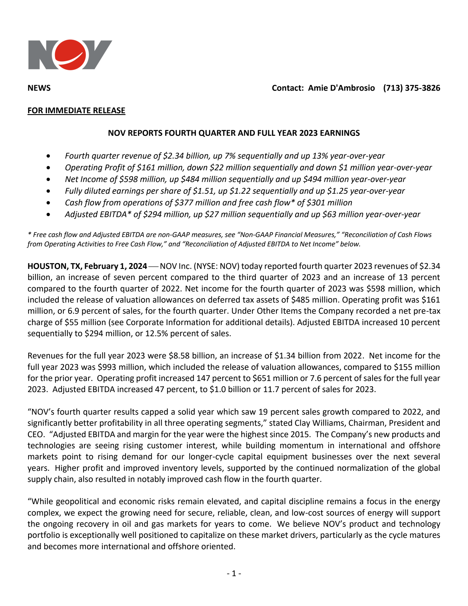 NOV's Q4 2023 Press Release
