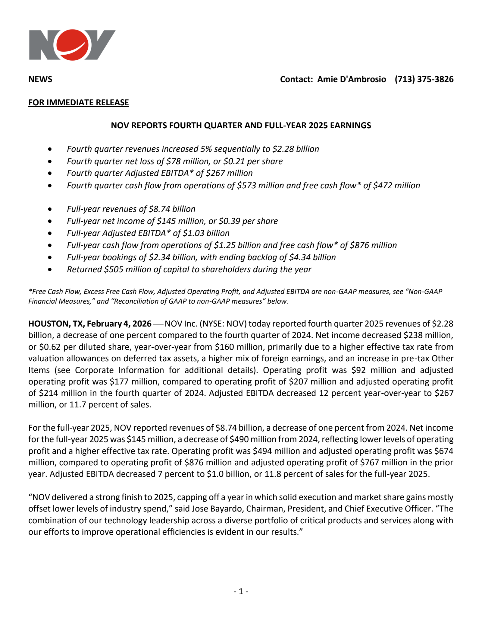 NOV's Q4 2025 Press Release