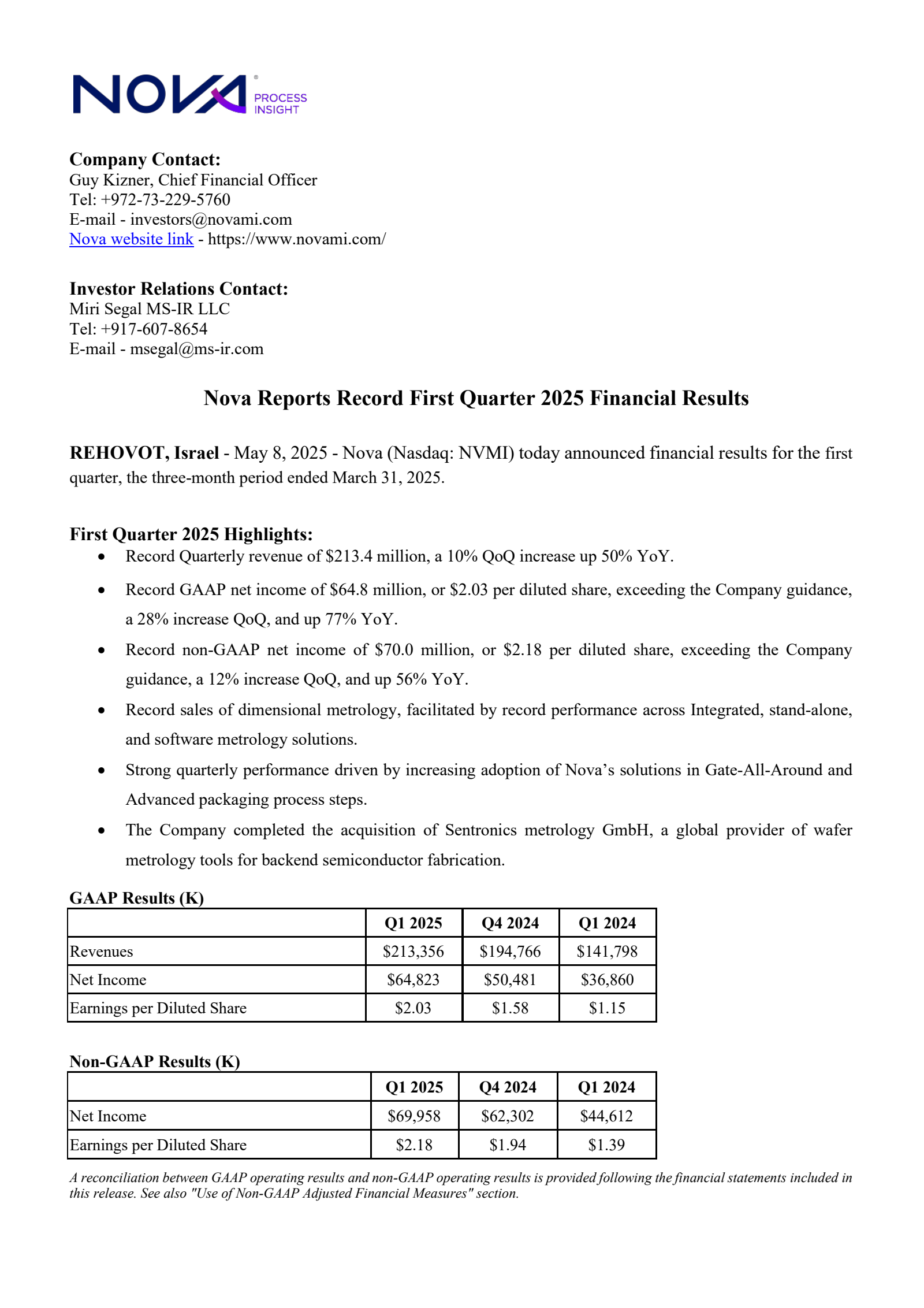 Nova's Q2 2025 Press Release