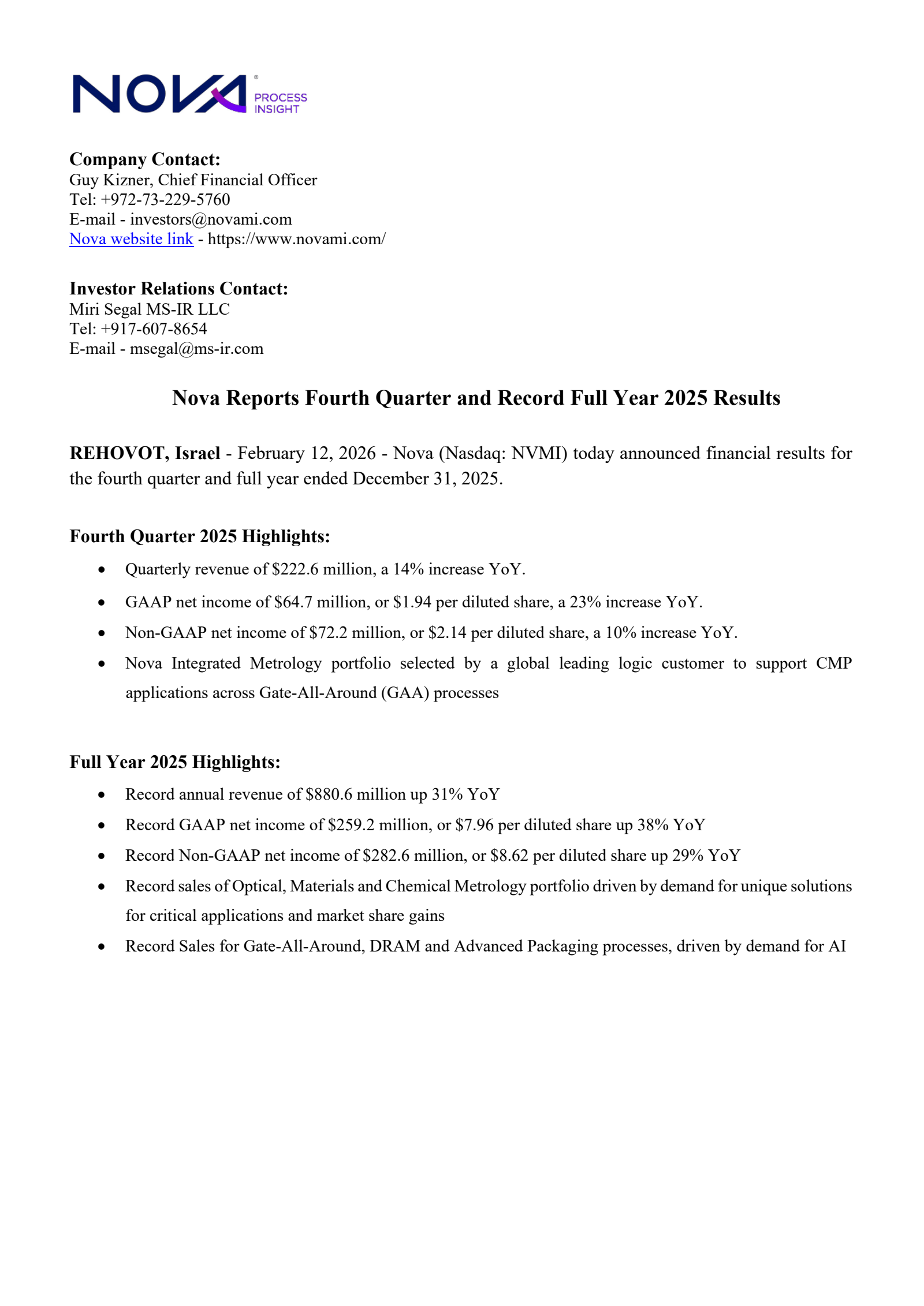 Nova's Q4 2025 Press Release