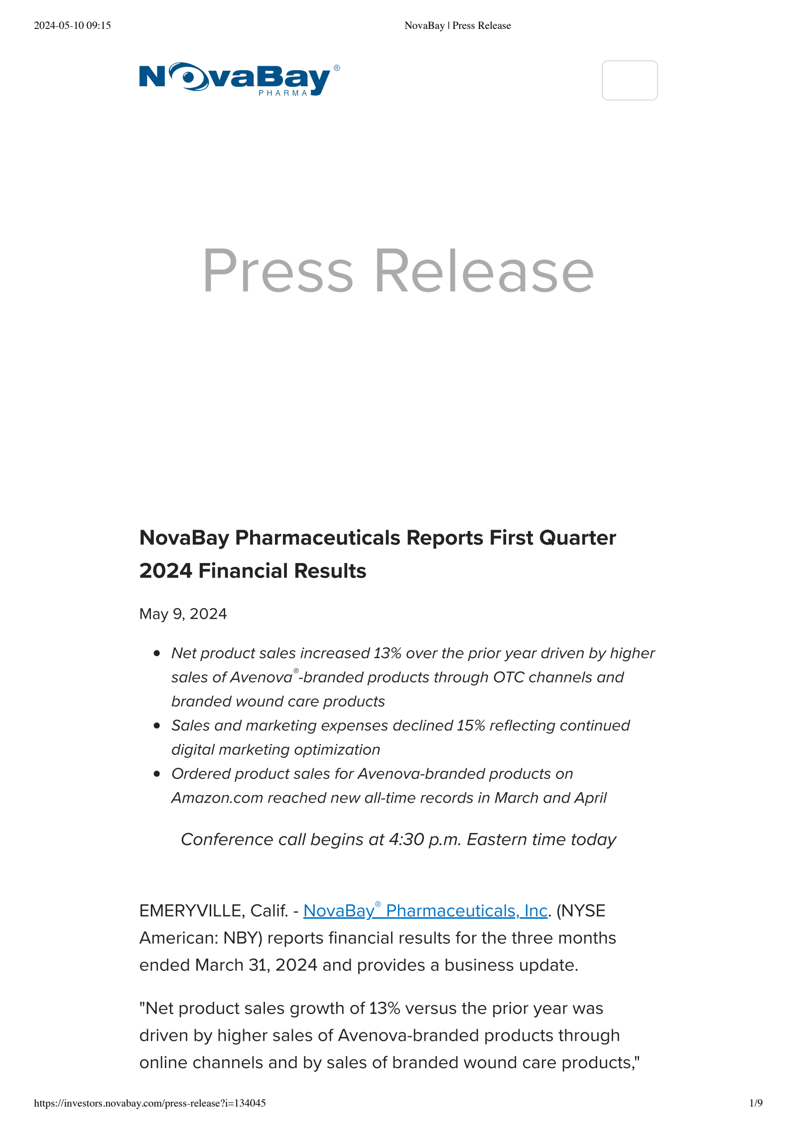 NovaBay Pharmaceuticals' Q1 2024 Press Release