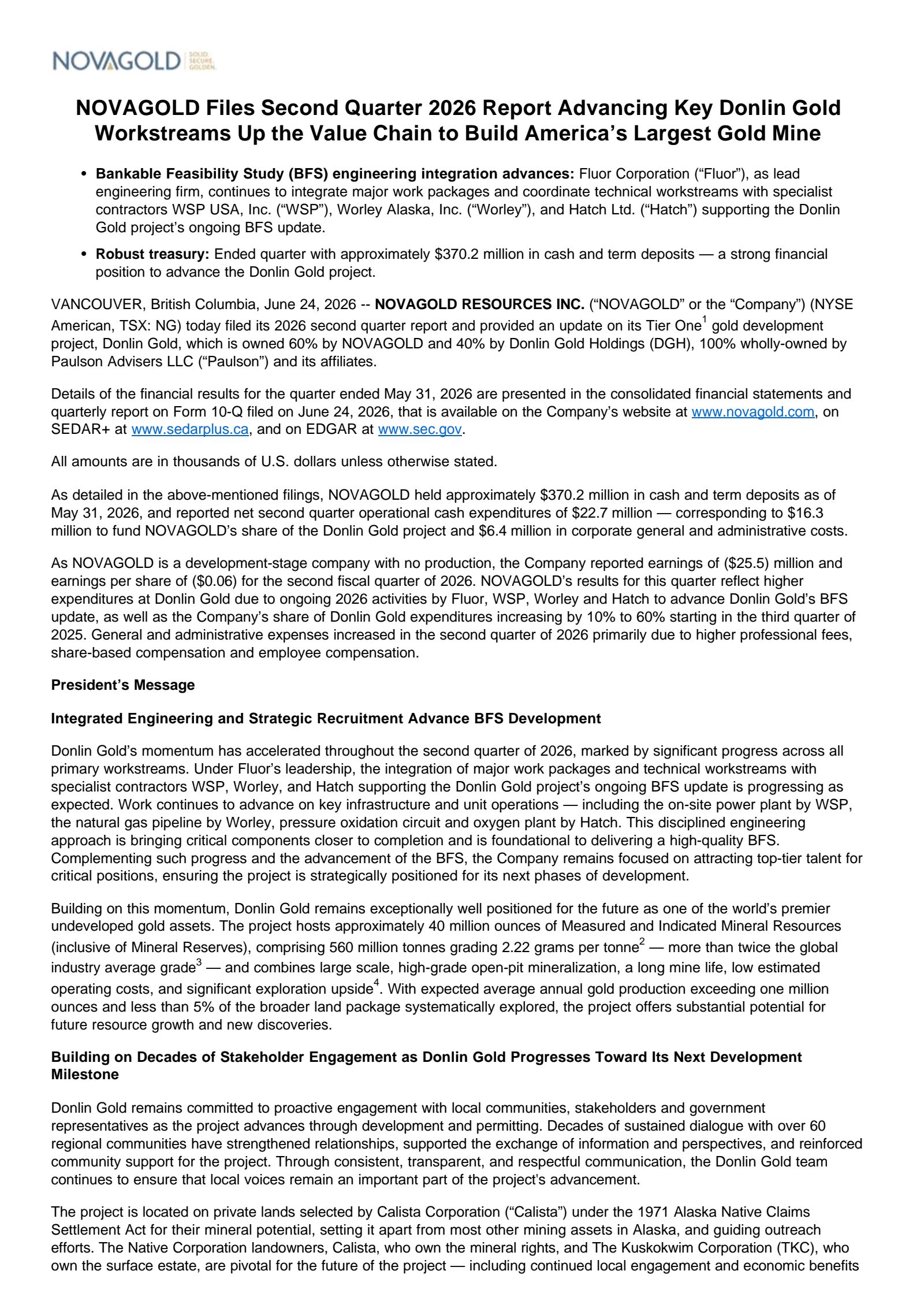 Novagold Resources' Q2 2026 Press Release