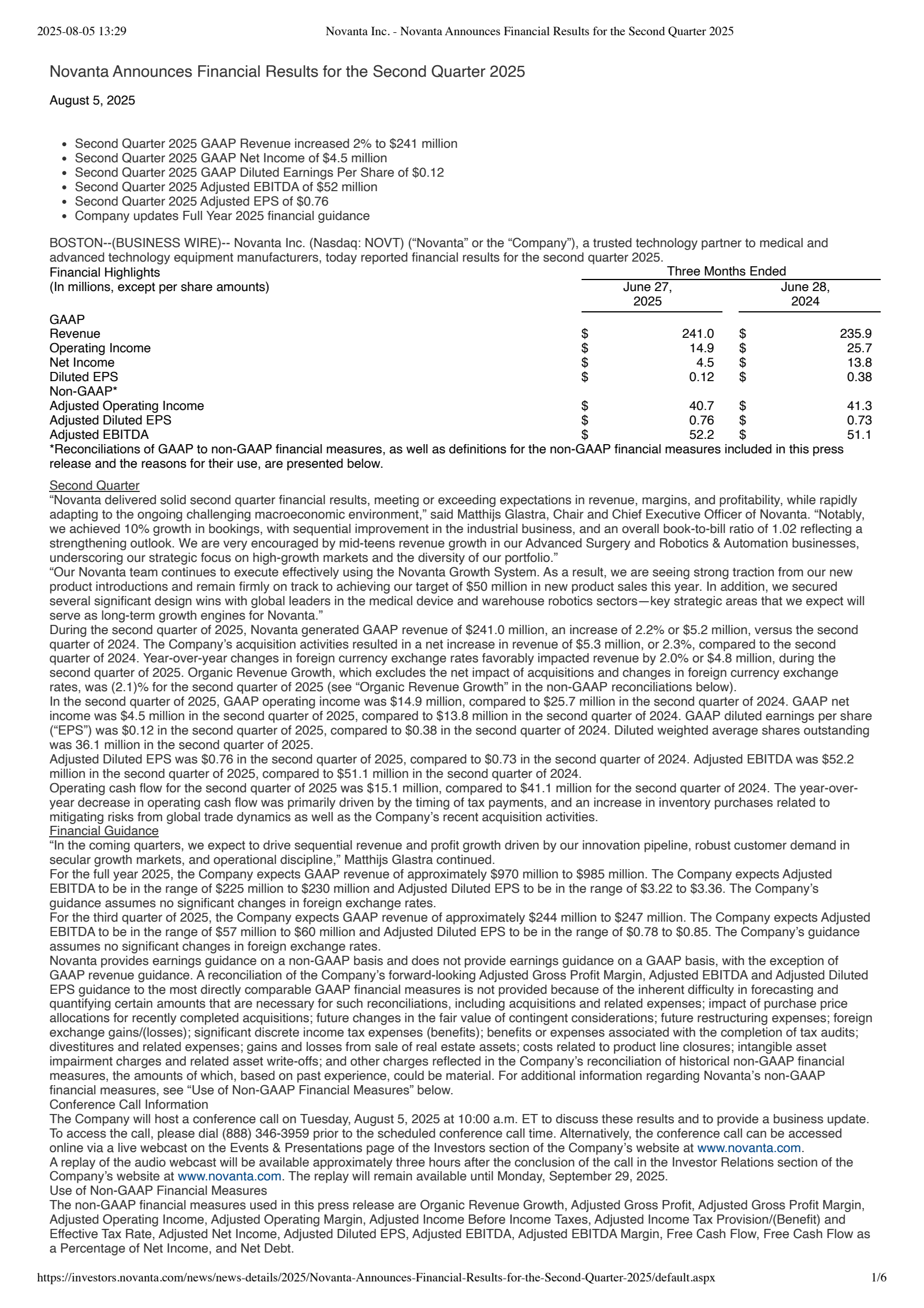 Novanta's Q2 2025 Press Release