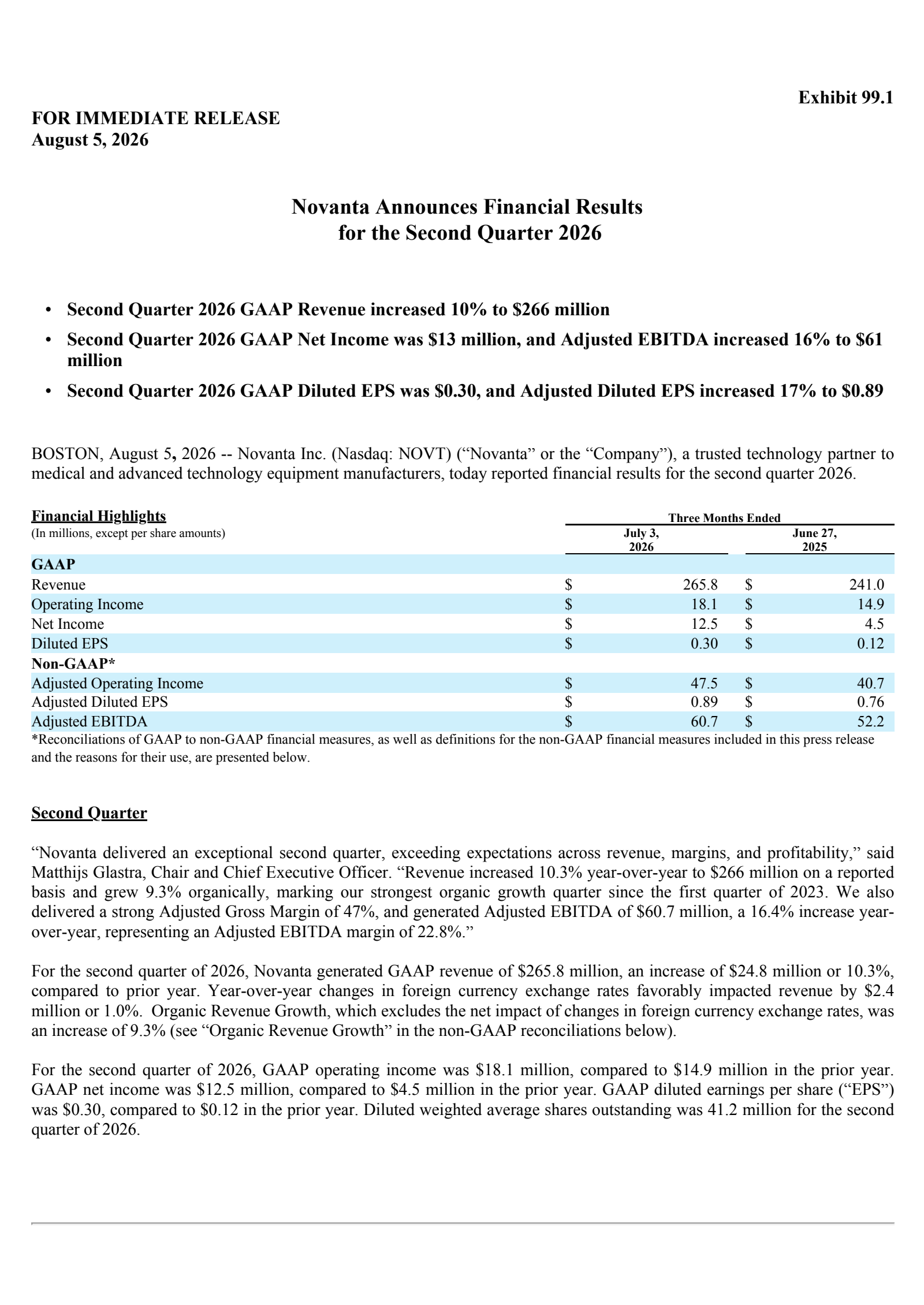 Novanta's Q2 2026 Press Release