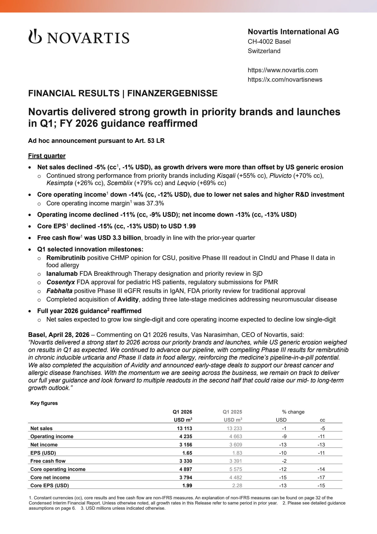 Novartis' Q1 2026 Press Release