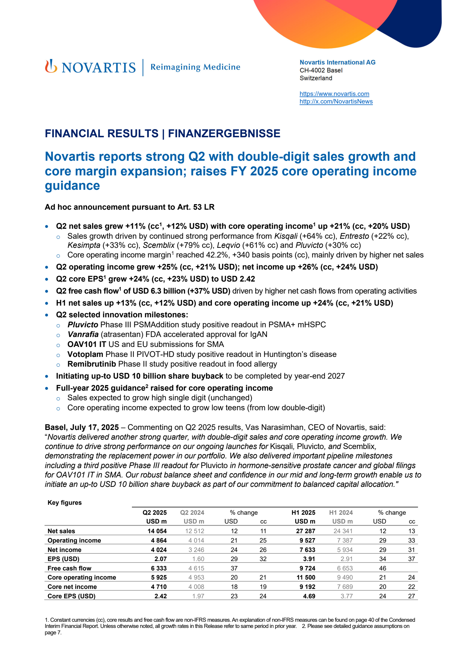 Novartis' Q2 2025 Press Release