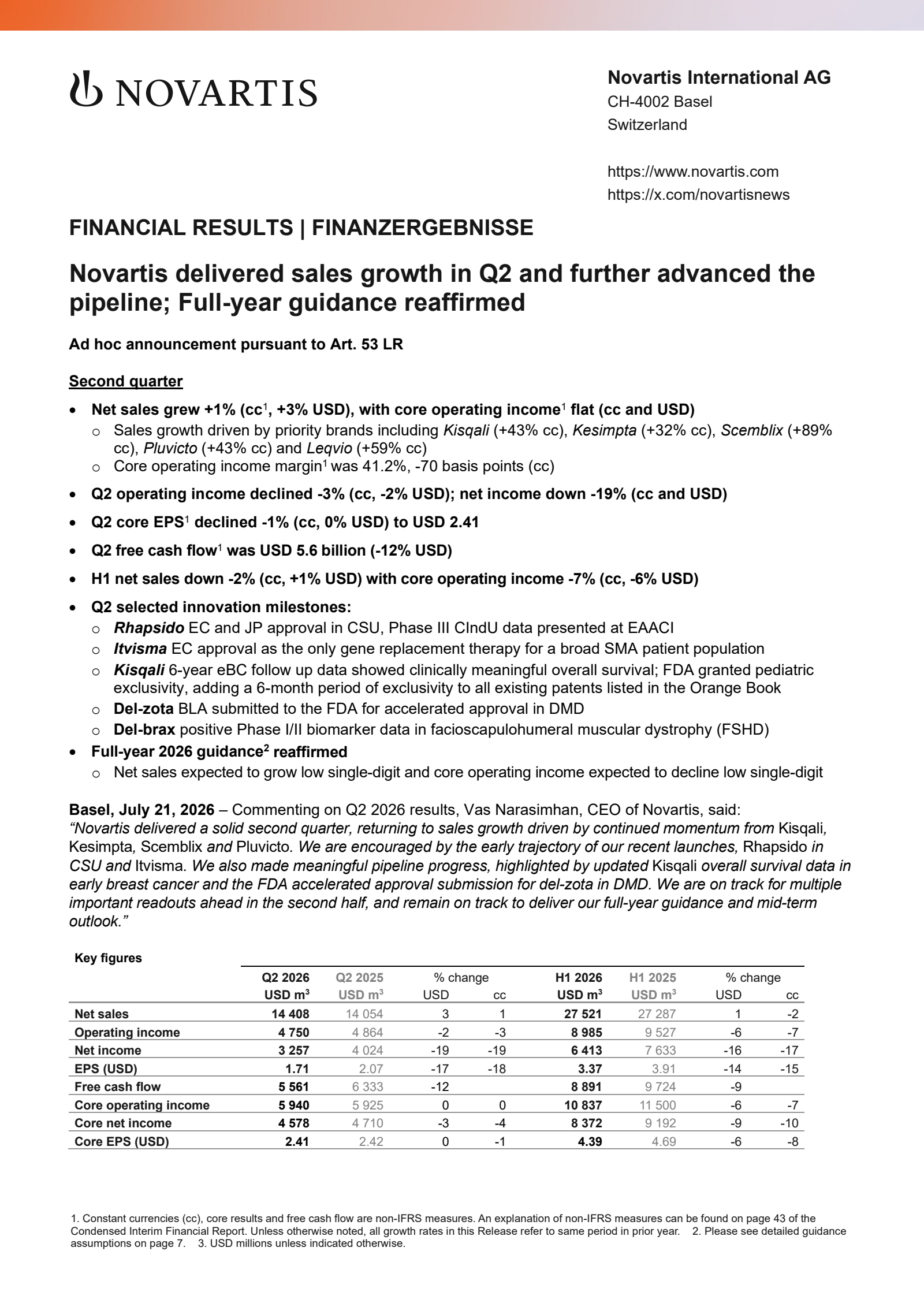 Novartis' Q2 2026 Press Release