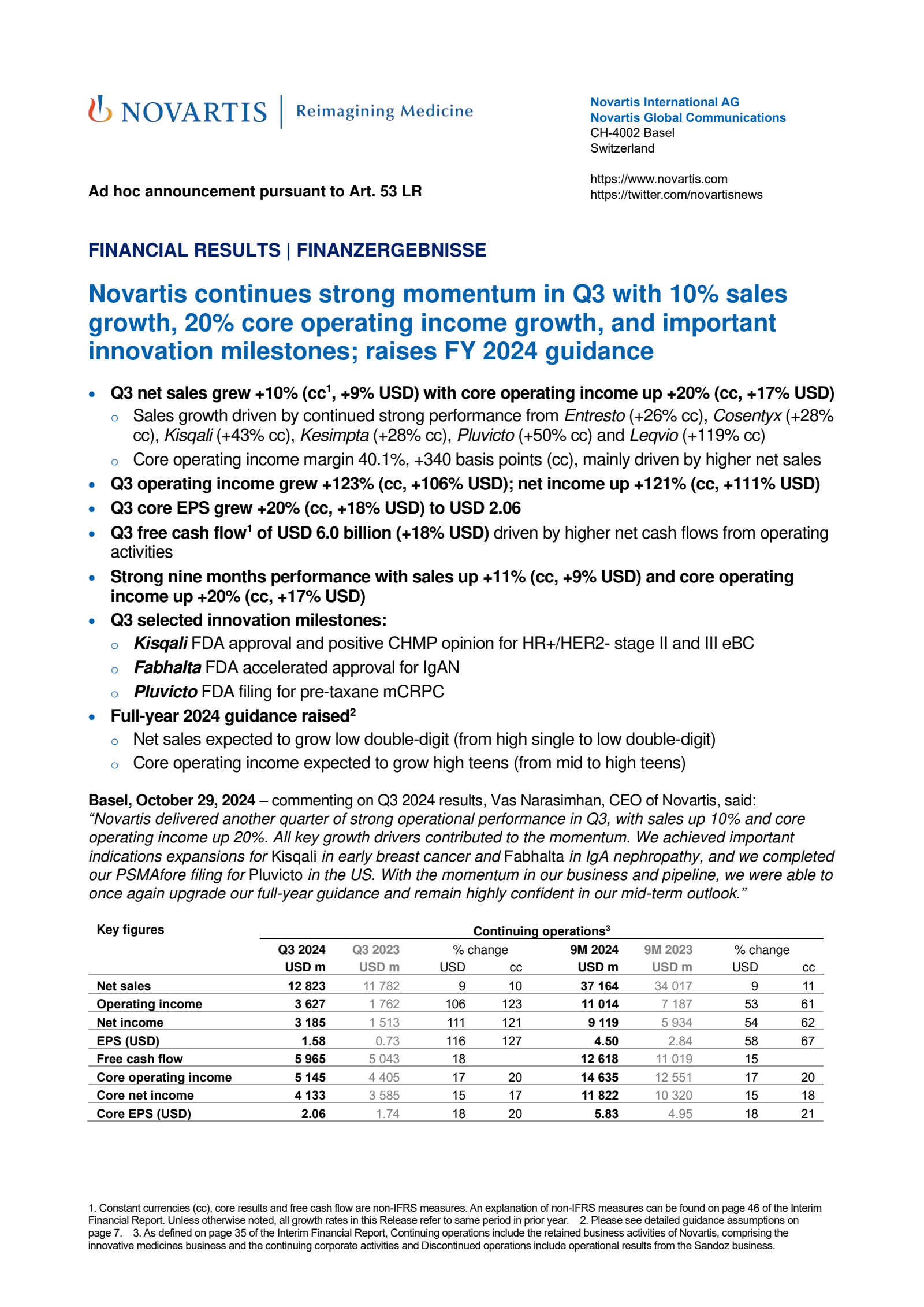 Novartis' Q3 2024 Press Release