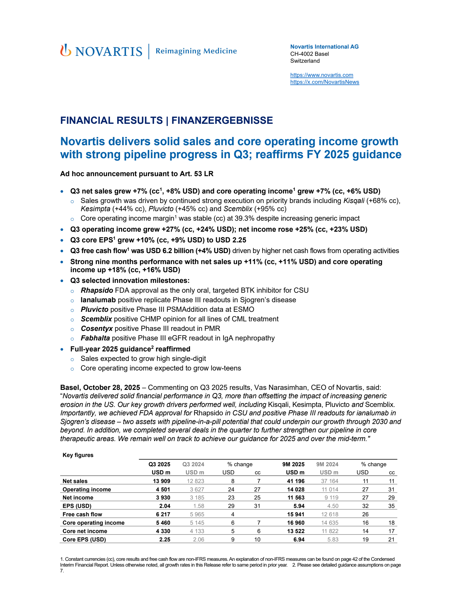 Novartis' Q3 2025 Press Release