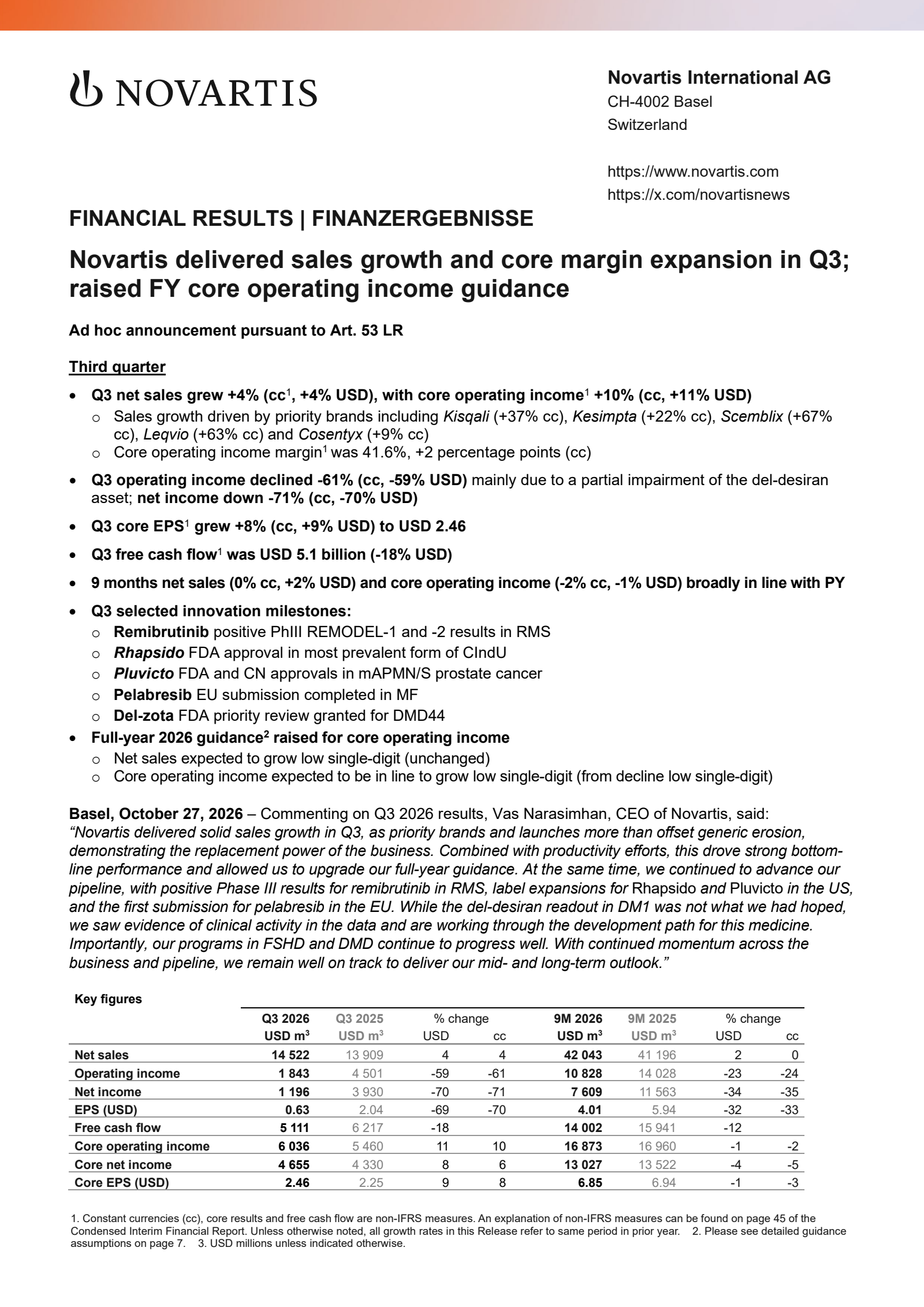 Novartis' Q3 2026 Press Release