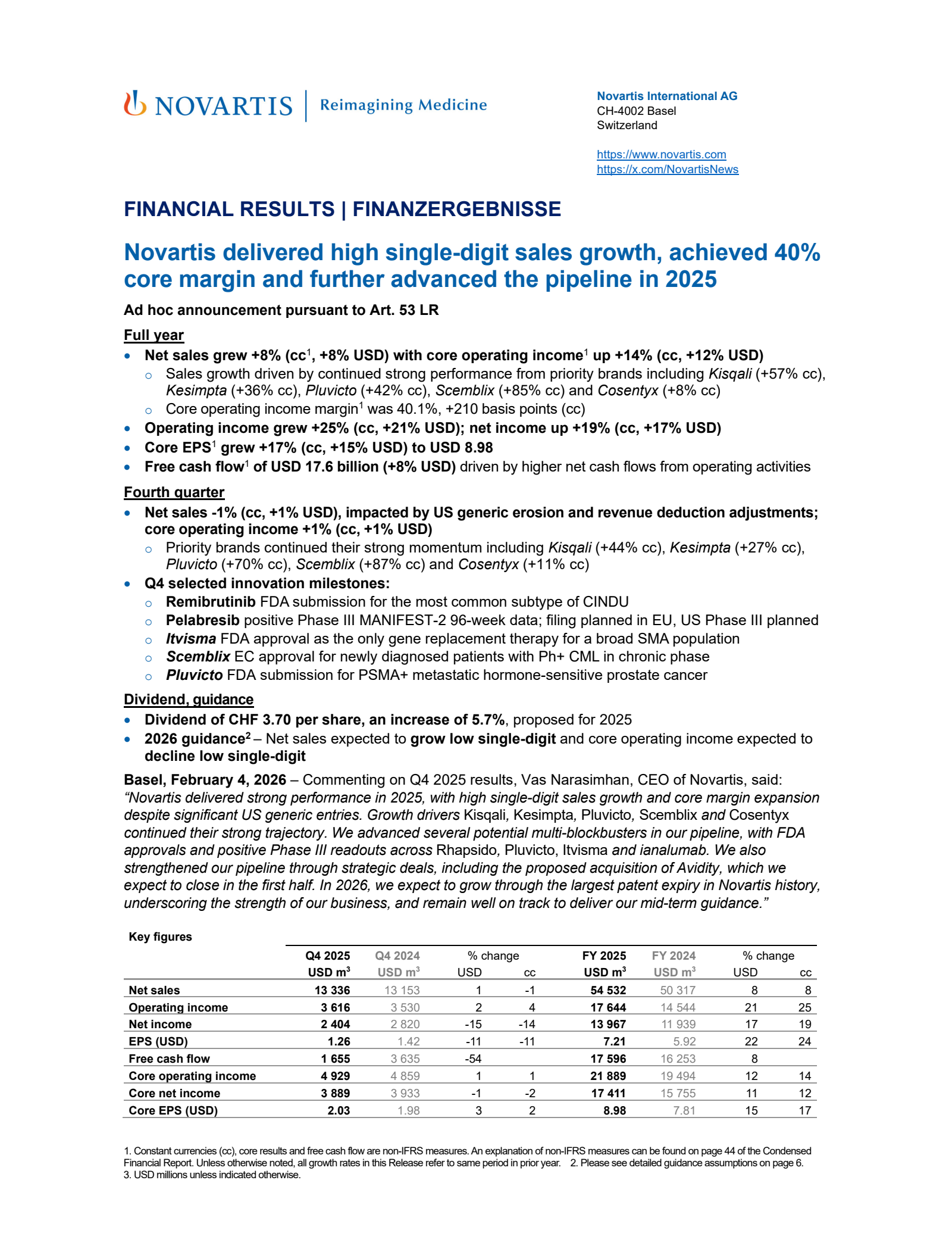 Novartis' Q4 2025 Press Release