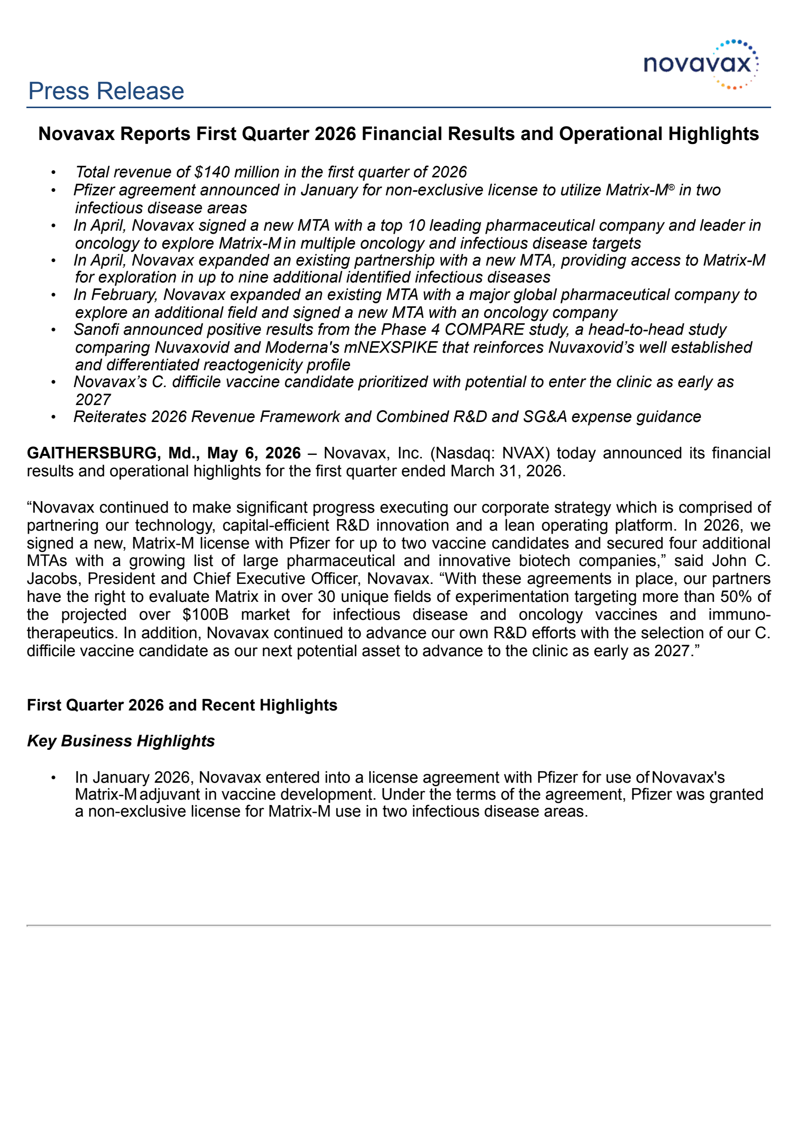 Novavax's Q1 2026 Press Release