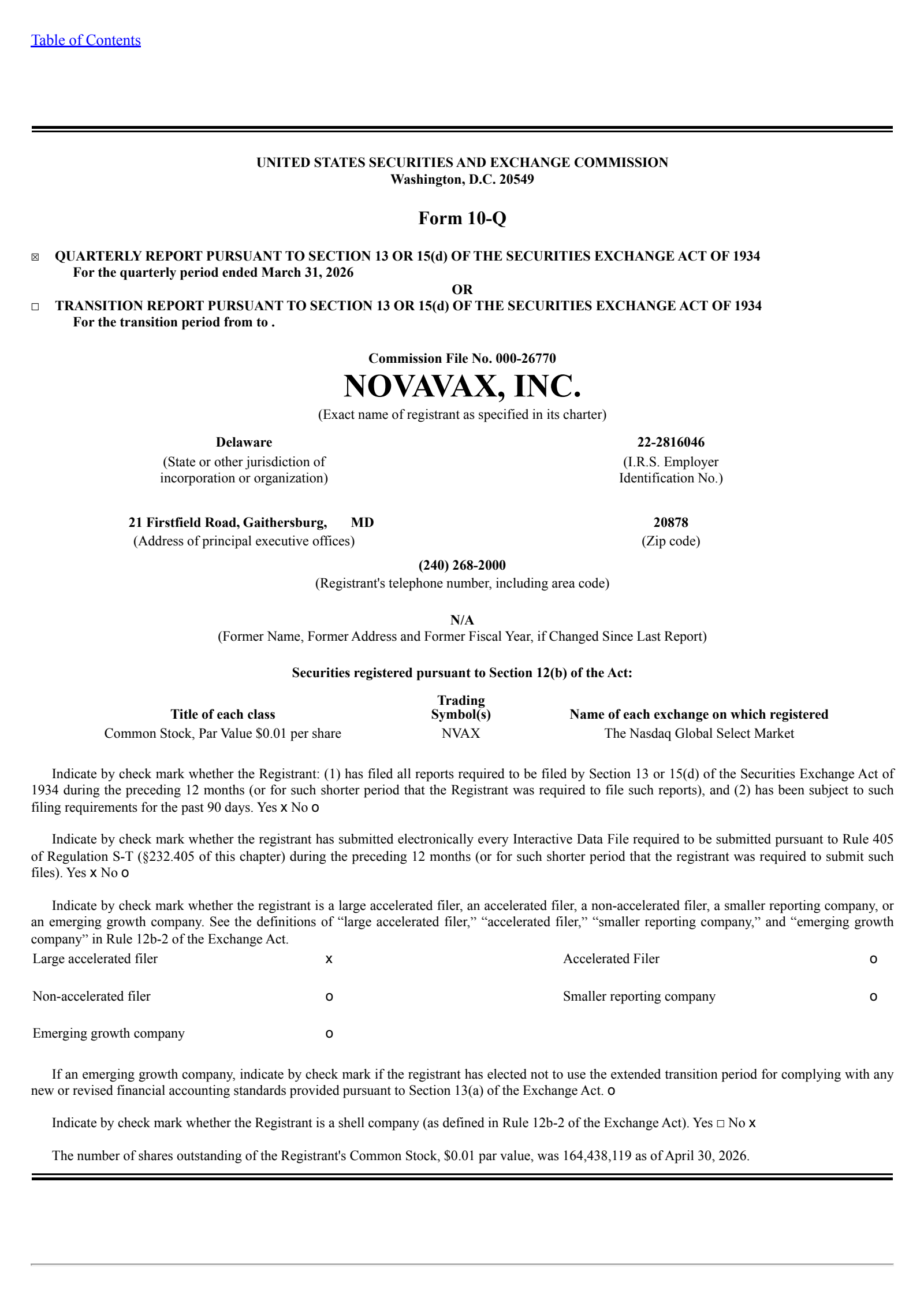 Novavax's Q1 2026 Quarterly report