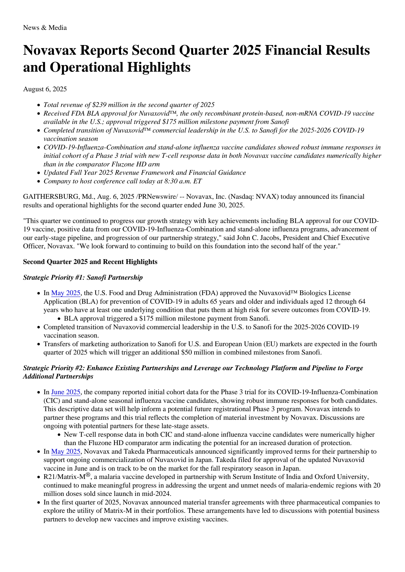 Novavax's Q2 2025 Press Release