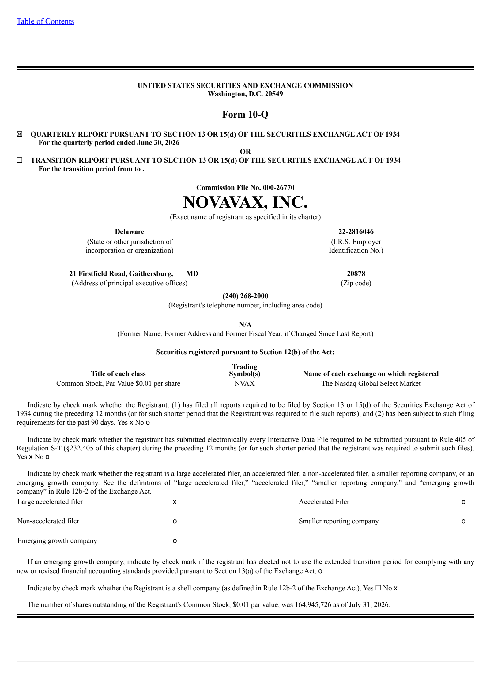 Novavax's Q2 2026 Quarterly report
