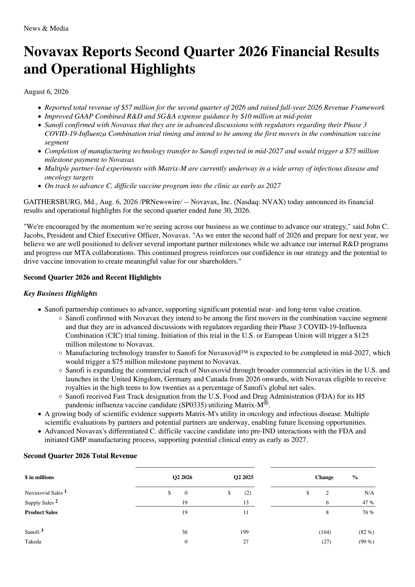 Novavax's Q2 2026 Press Release