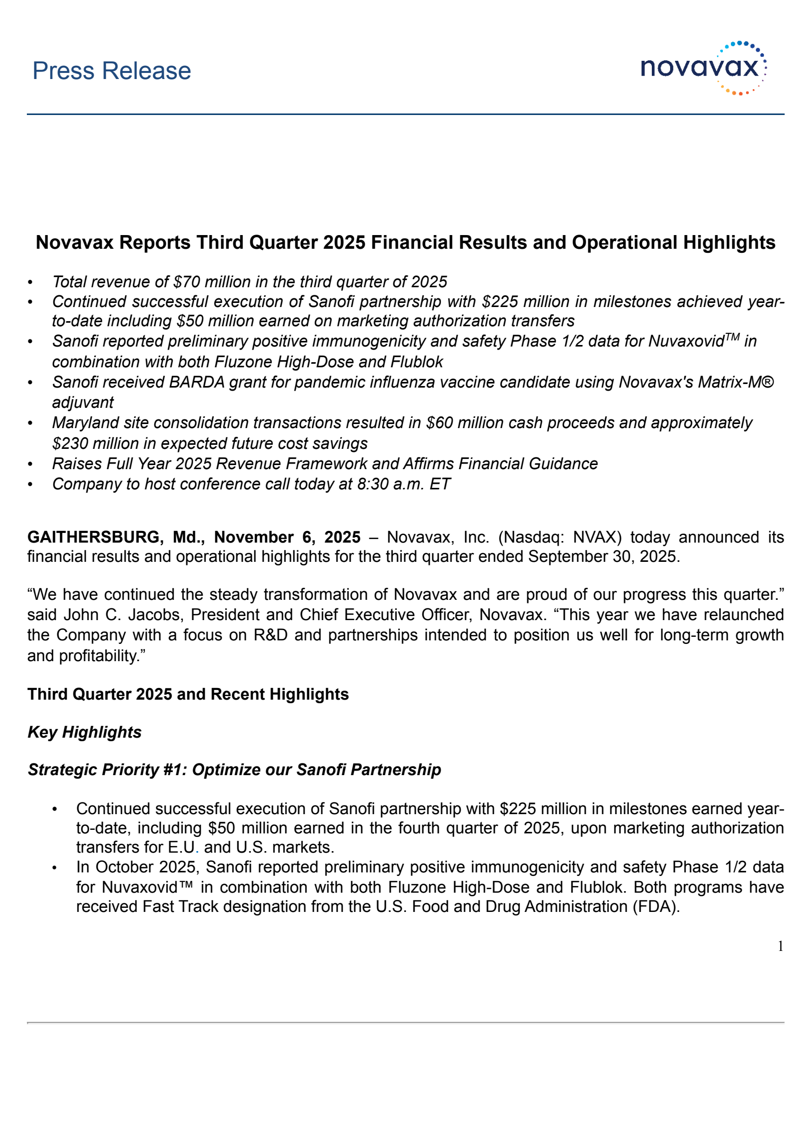 Novavax's Q3 2025 Earnings Release