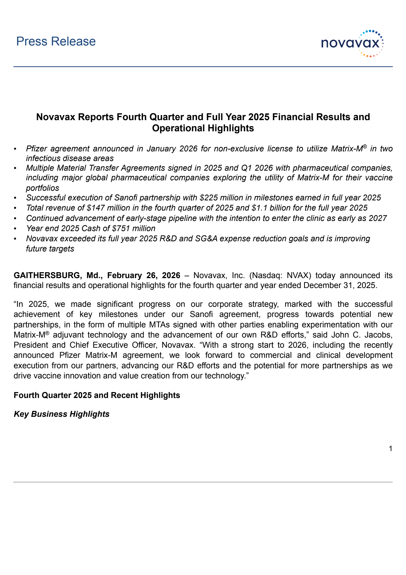 Novavax's Q4 2025 Press Release
