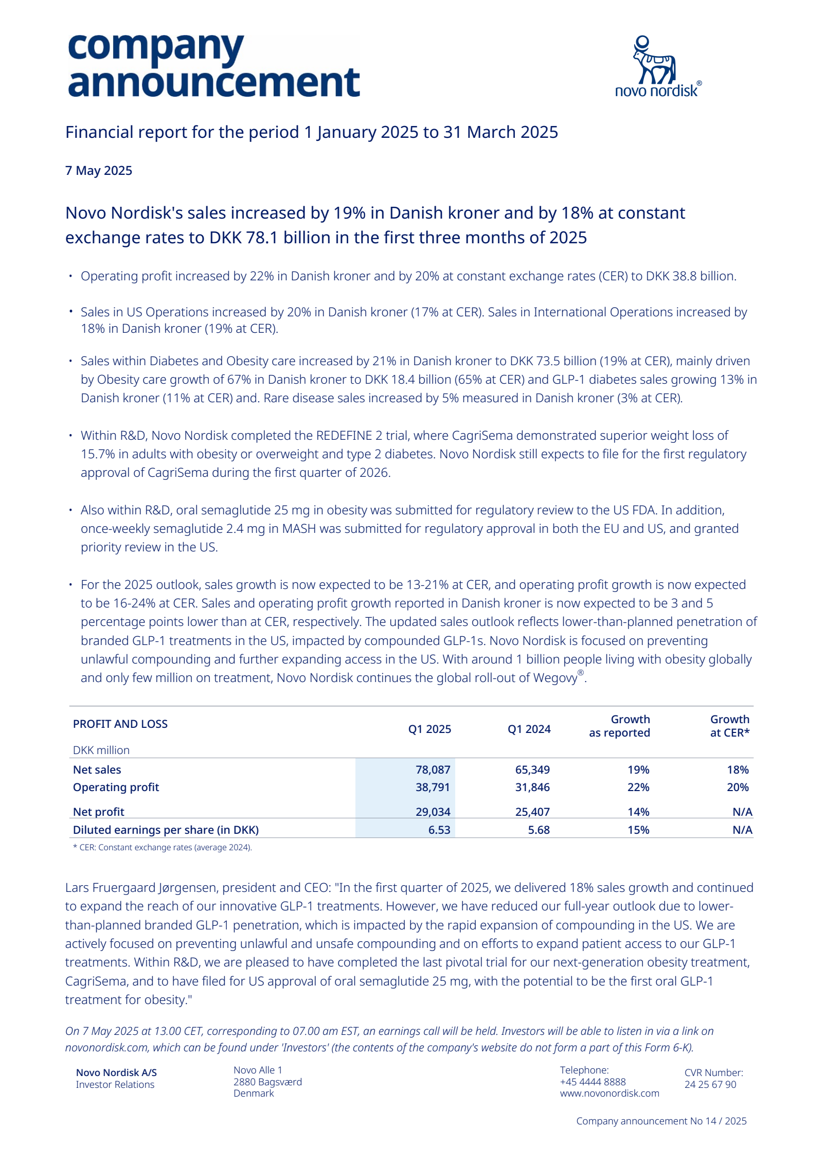 NVO Q1 2025 Earnings Report on 5/7/2025