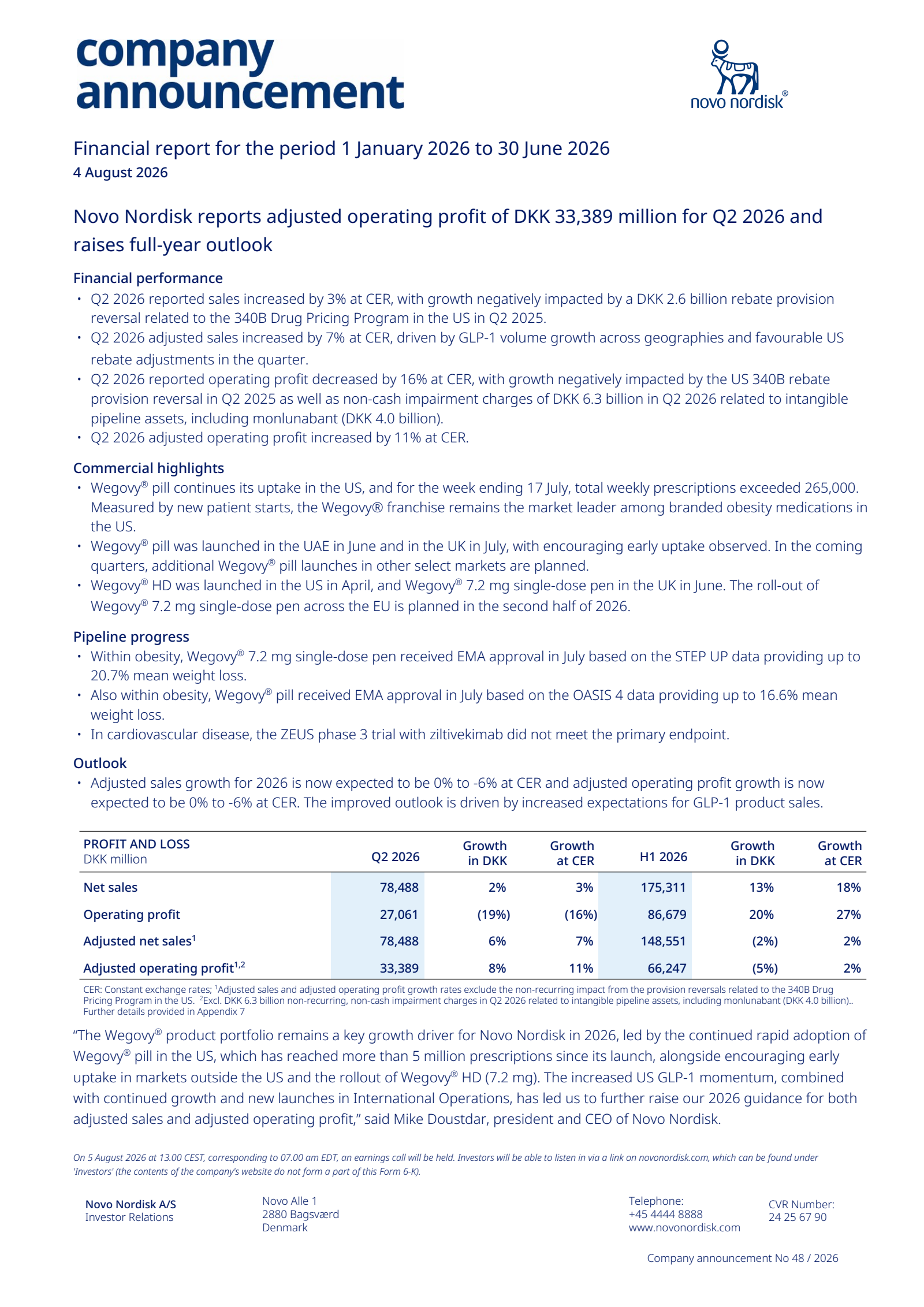Novo Nordisk A/S's Q2 2026 Interim report