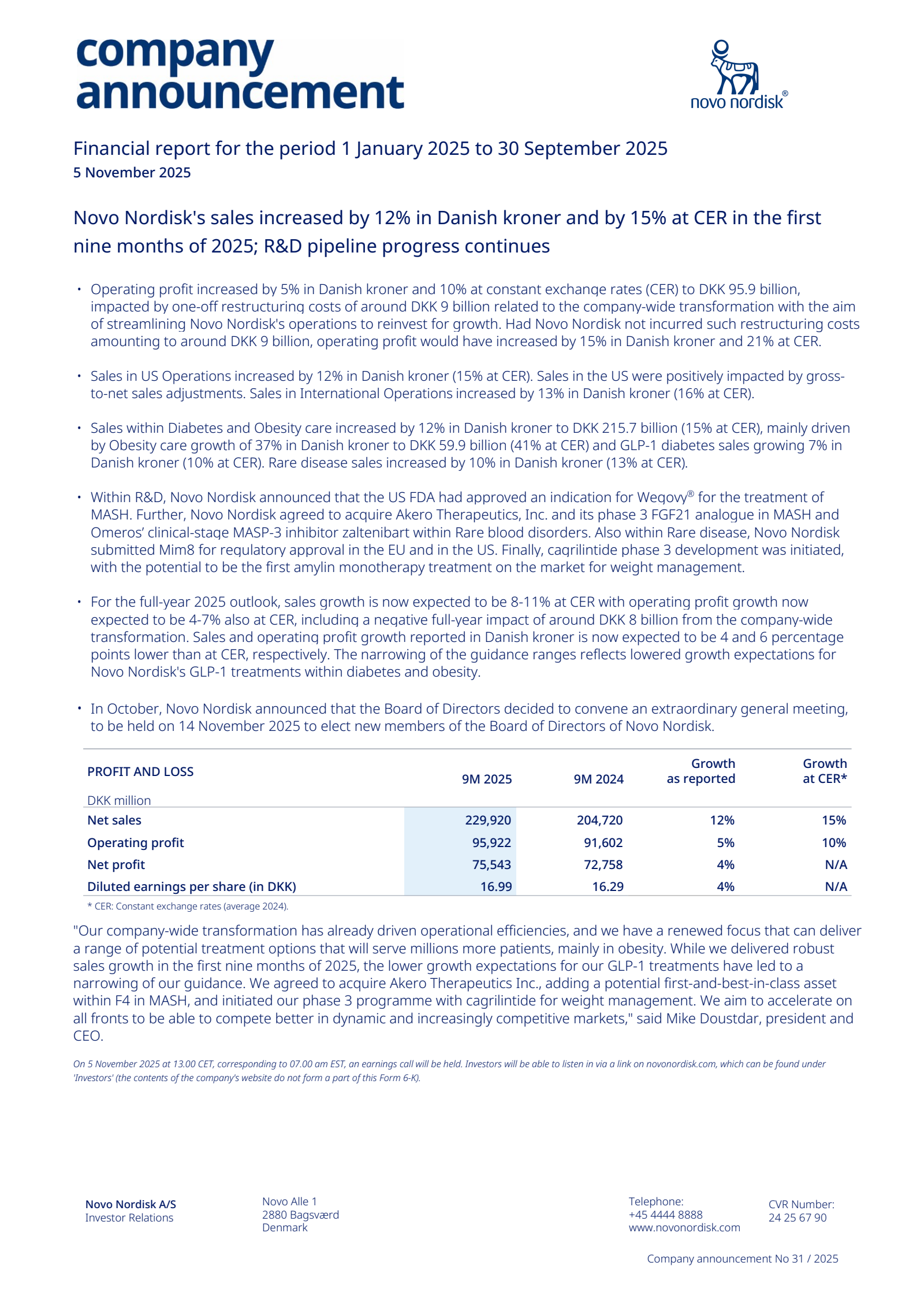 Novo Nordisk A/S's Q3 2025 Interim Report