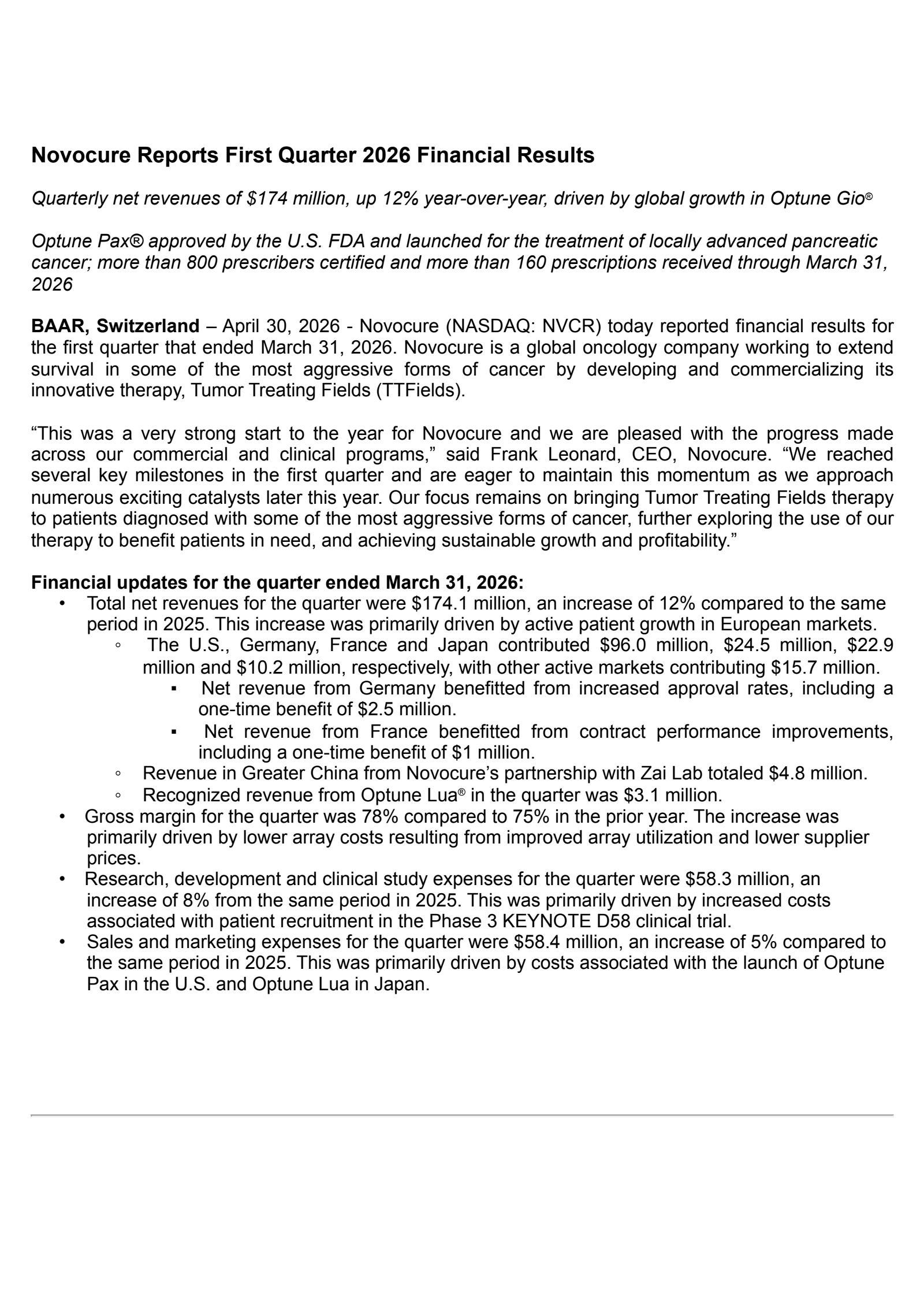 NovoCure's Q1 2026 Press Release