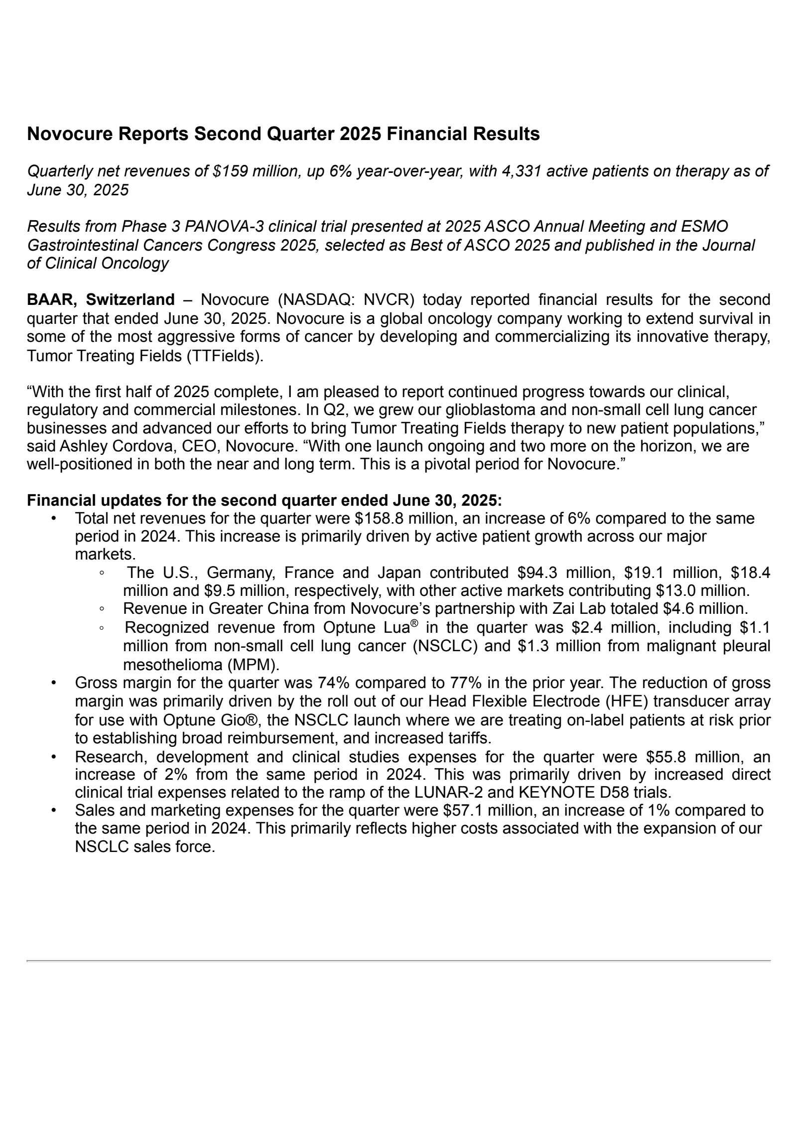 NovoCure's Q2 2025 Press Release