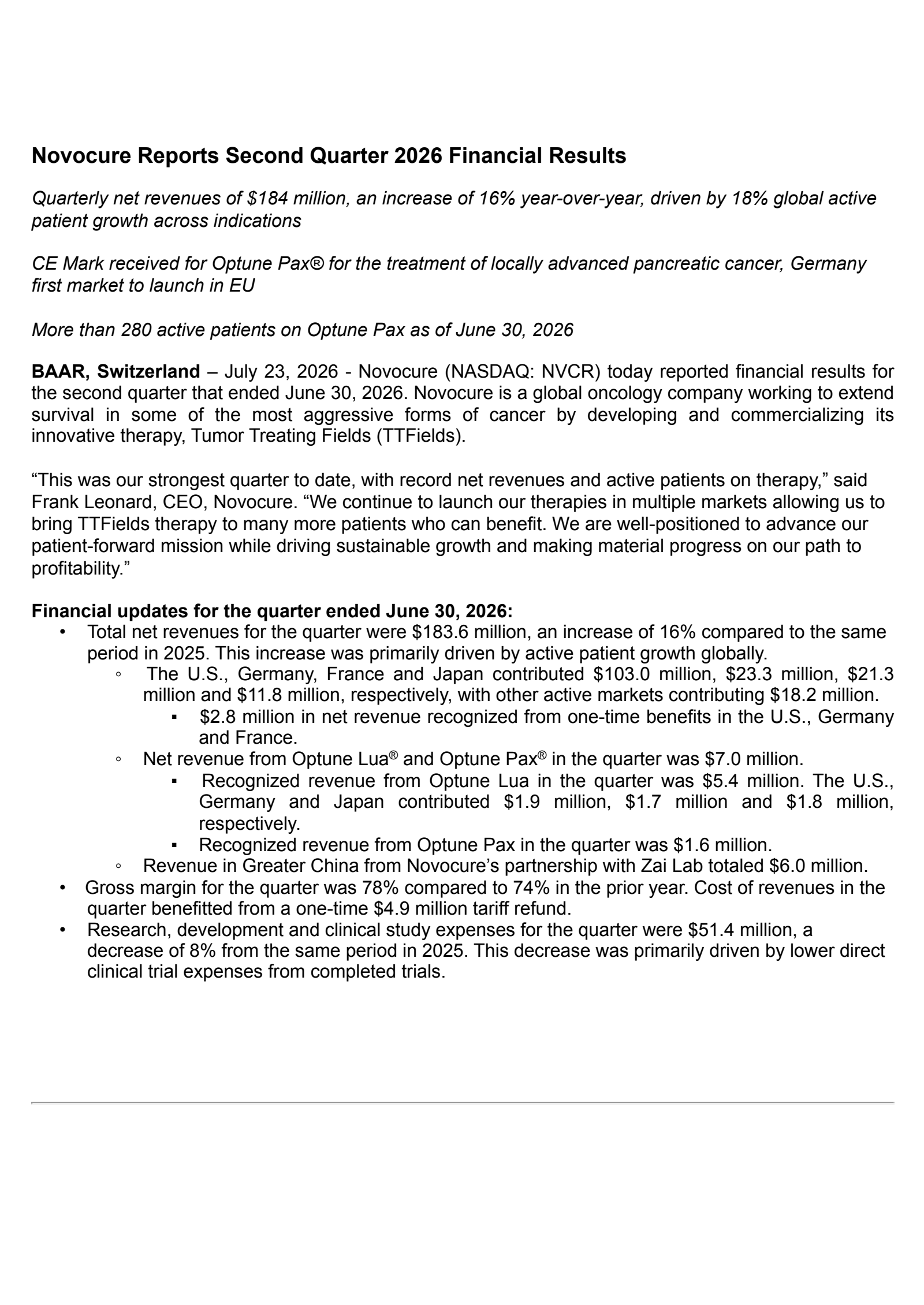 NovoCure's Q2 2026 Press Release