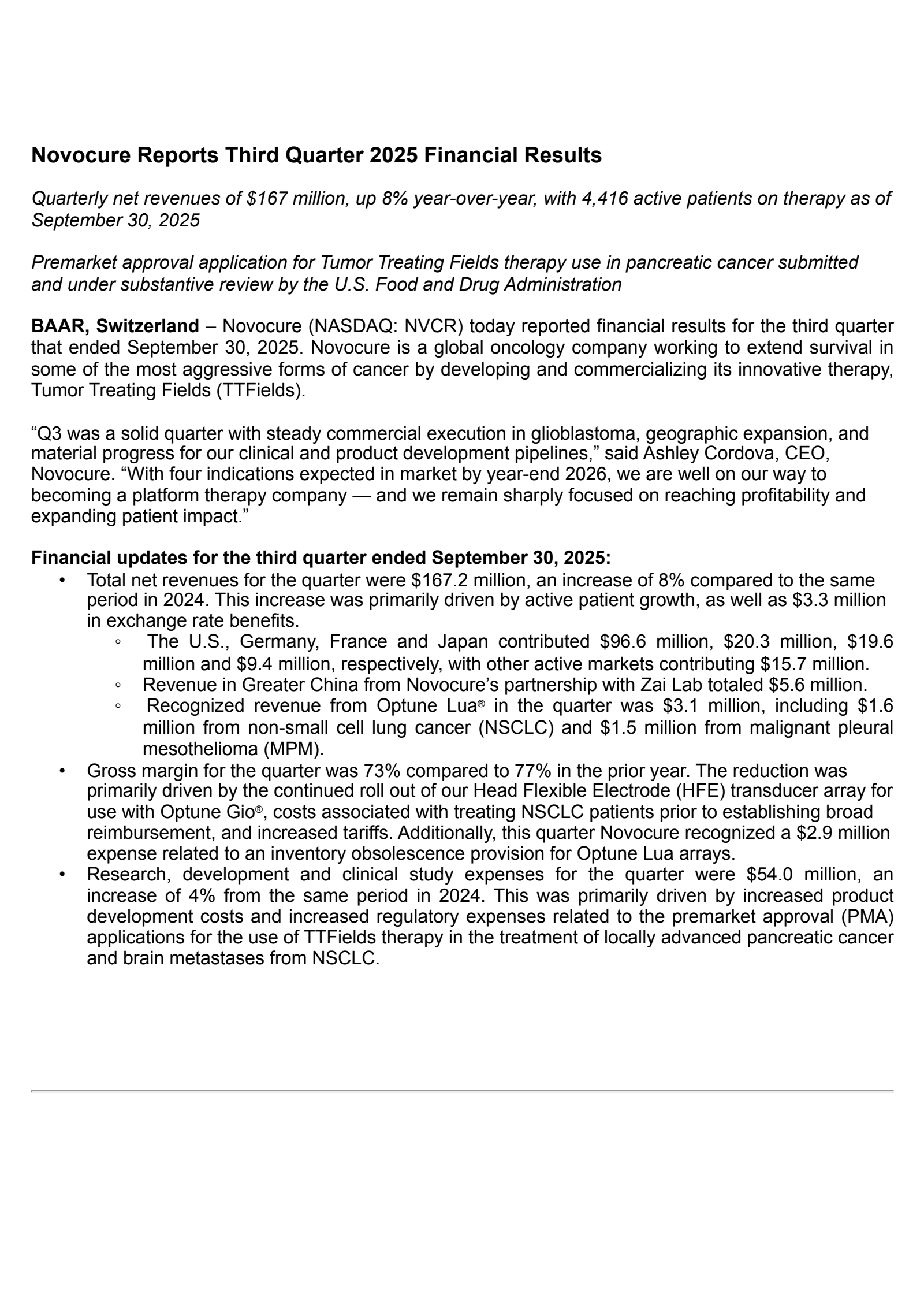 NovoCure's Q3 2025 Earnings Release