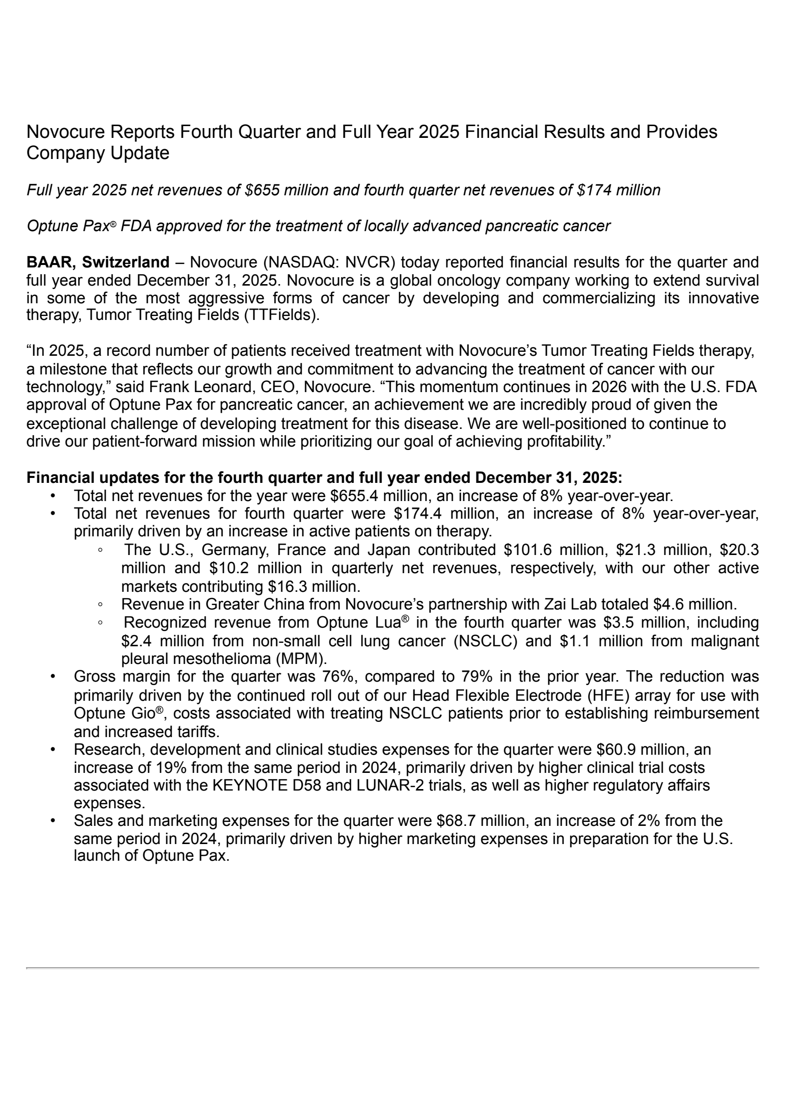 NovoCure's Q4 2025 Press Release