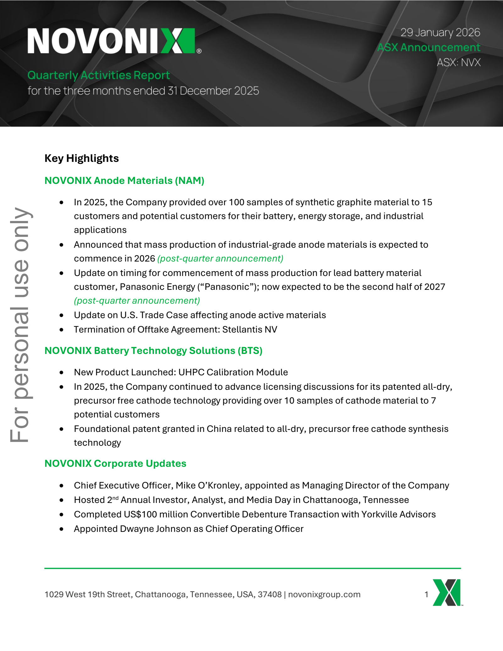 NOVONIX's Q4 2025 TU Press Release
