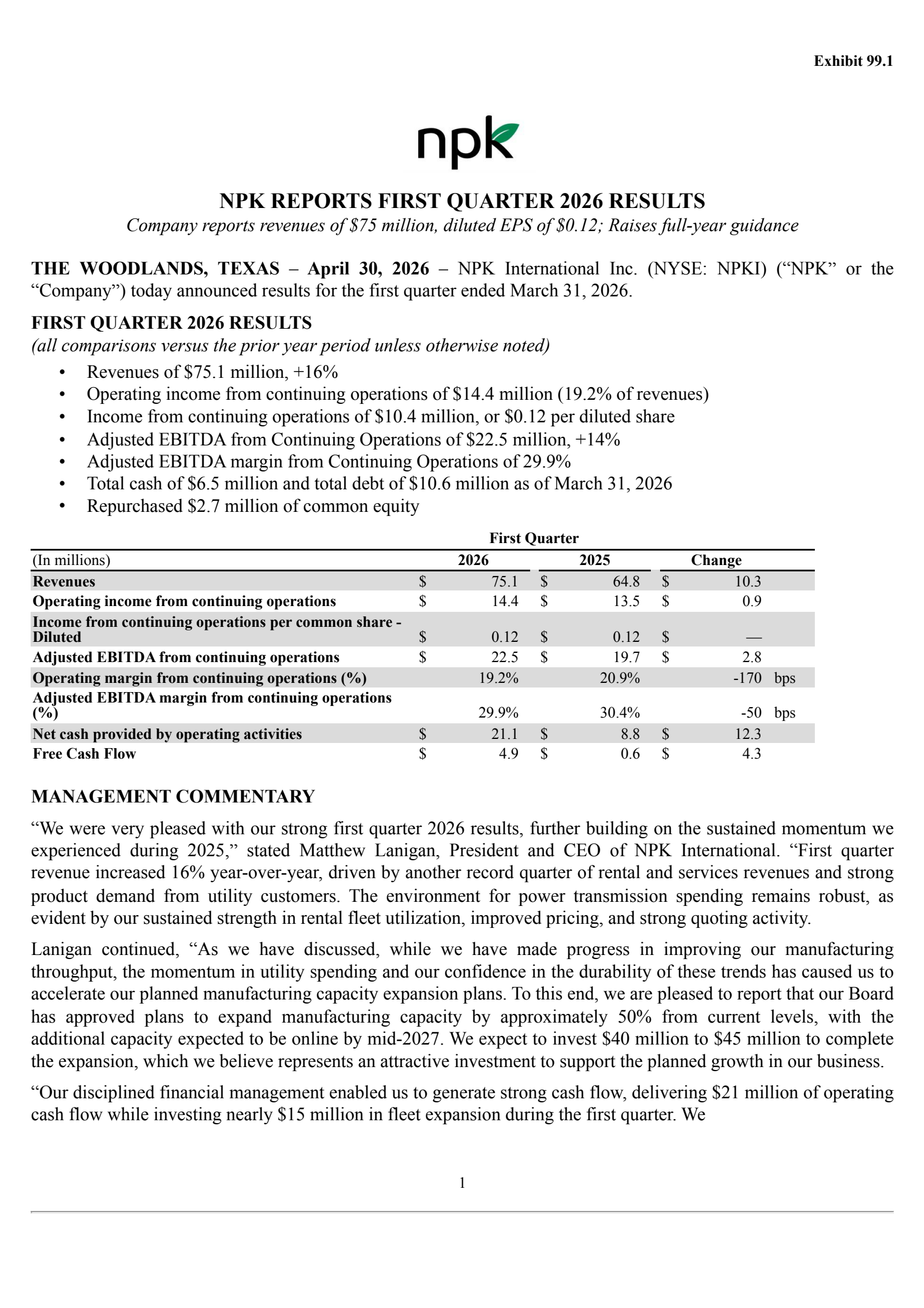 NPK International's Q1 2026 Press Release